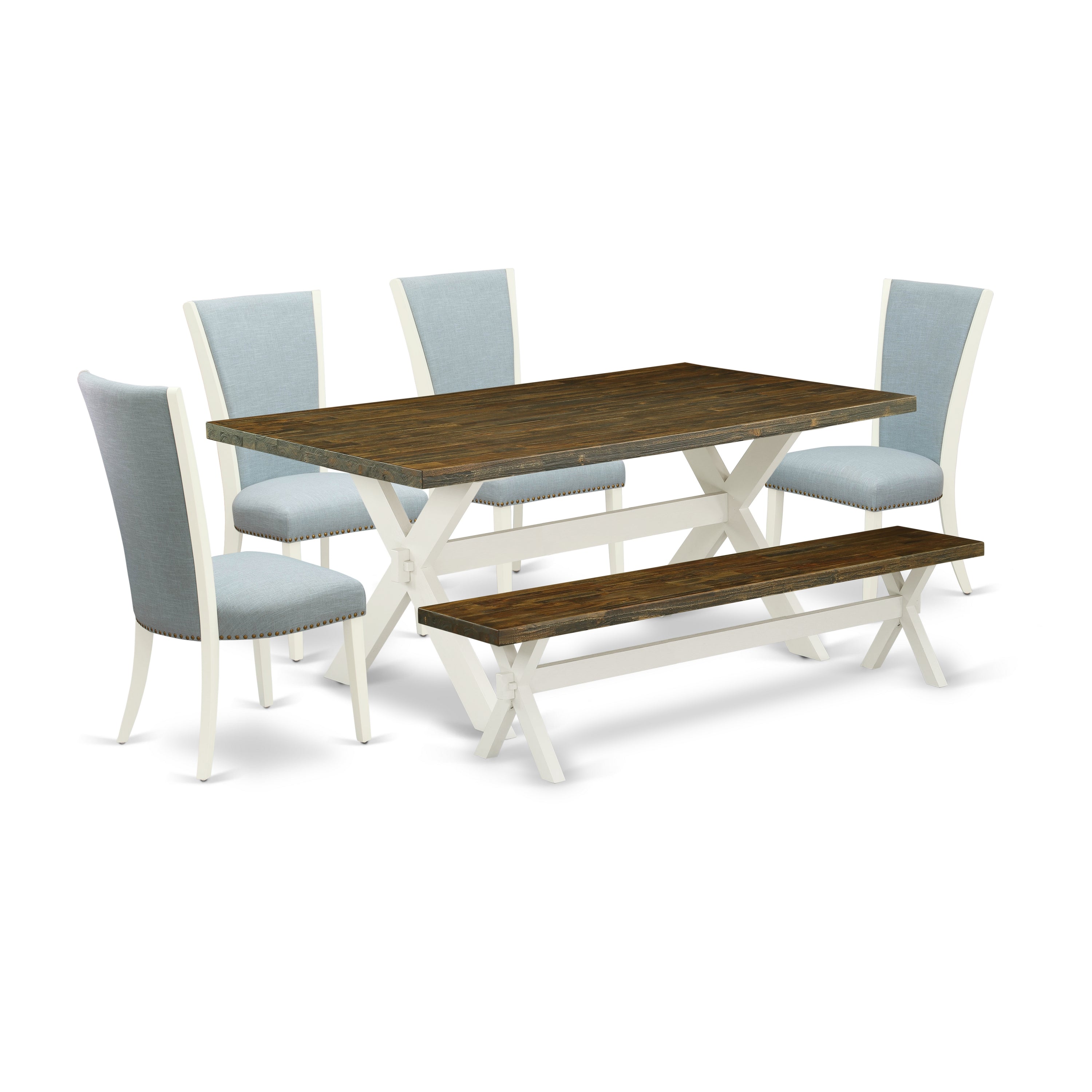 East West Furniture X077VE215-6 6 Piece Kitchen Table Set - 4 Baby Blue Linen Fabric Dining Chair with Nailheads and Distressed Jacobean Rectangular Table - 1 Dining Room Bench - linen white Finish