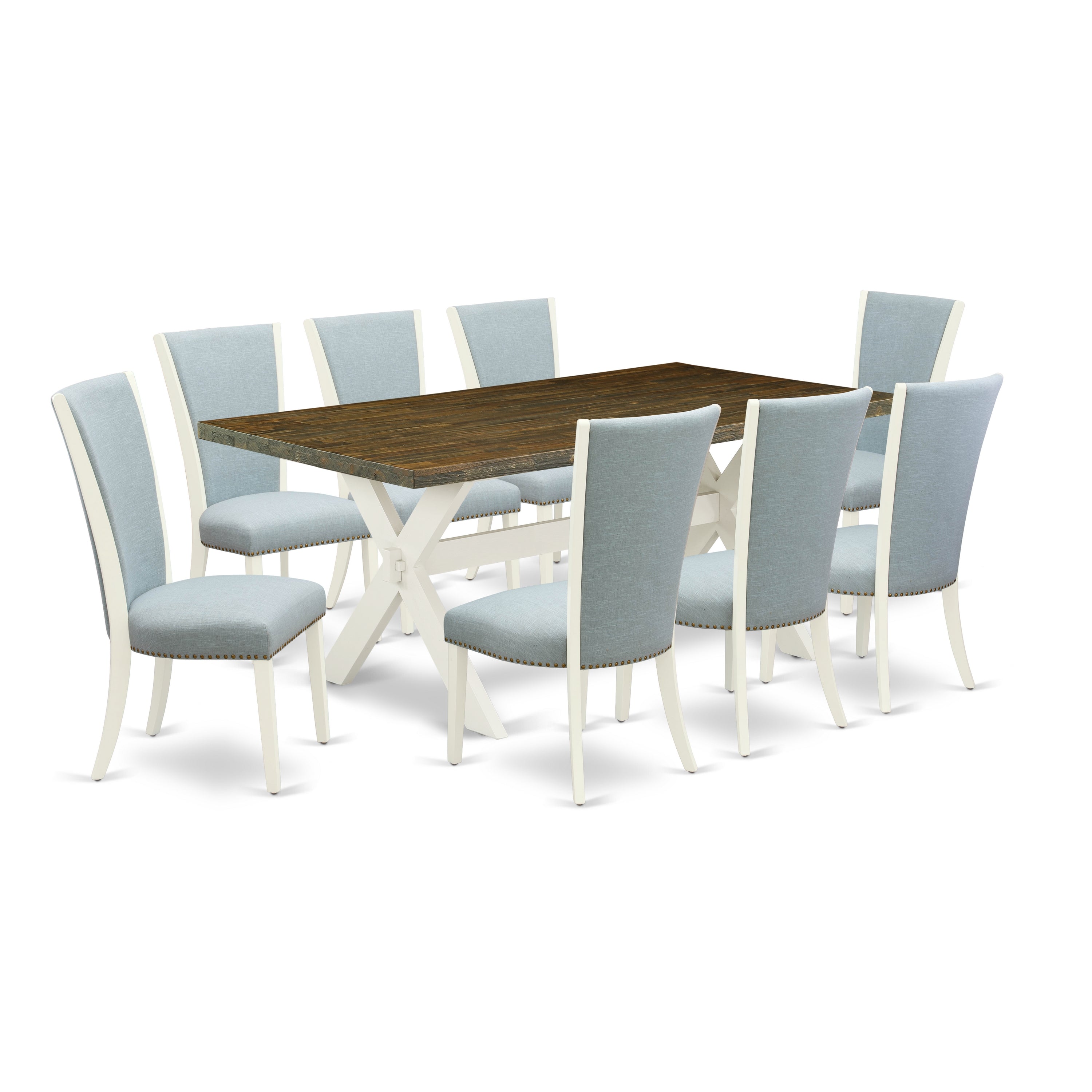 East West Furniture X077VE215-9 9 Piece Mid Century Dining Set - 8 Baby Blue Linen Fabric Upholstered Dining Chair with Nailheads and Distressed Jacobean Wood Dining Table - linen white Finish