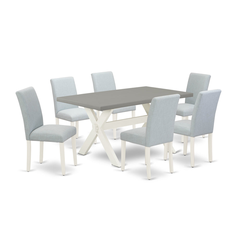 East West Furniture X096AB015-7 7 Piece Dining Room Table Set Consist of a Rectangle Dining Table with X-Legs and 6 Baby Blue Linen Fabric Upholstered Chairs