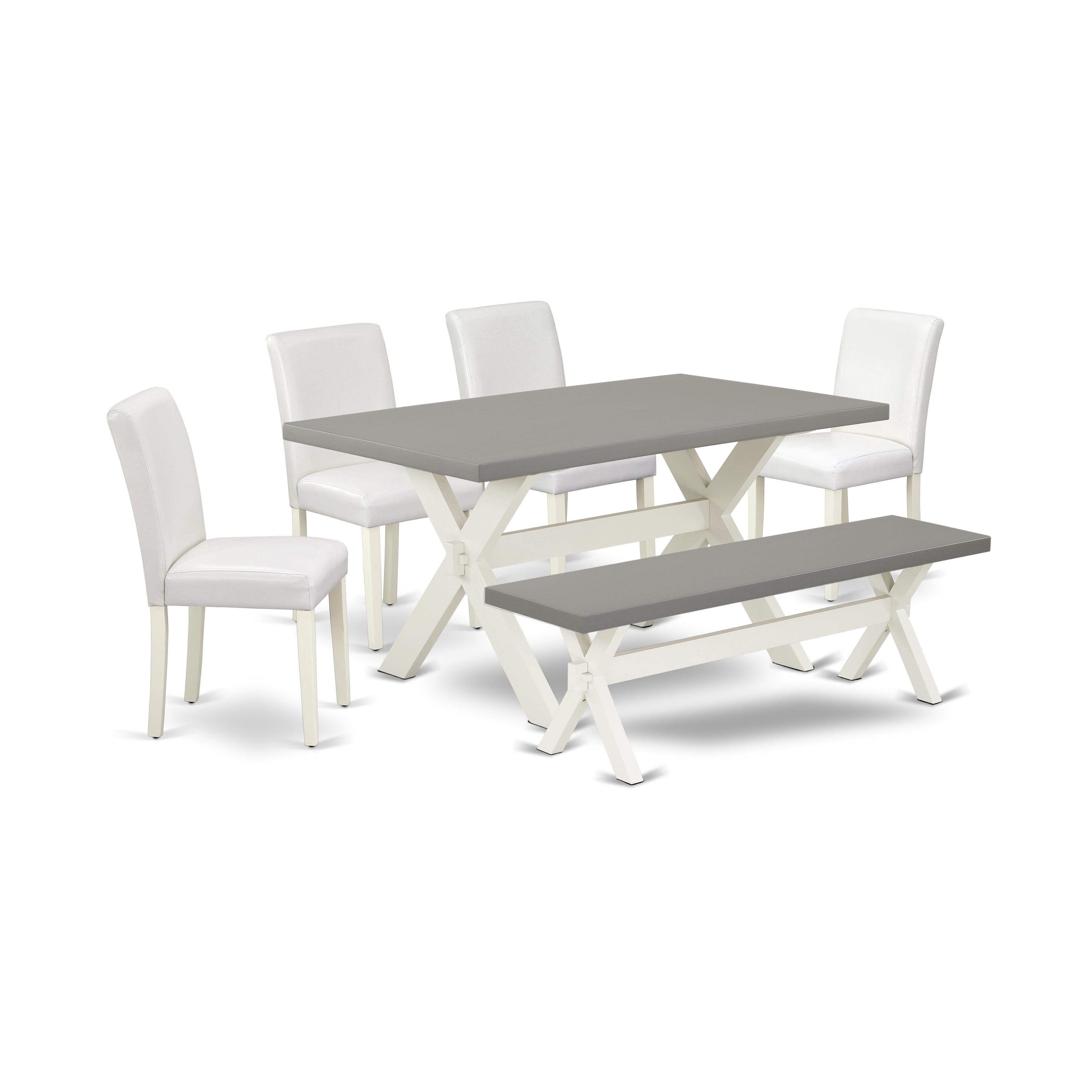 East West Furniture X096AB264-6 6-Piece Dining Table Set with Dining Table and Indoor Bench - 4 PU faux Leather Dining Chairs (linen white Finish)