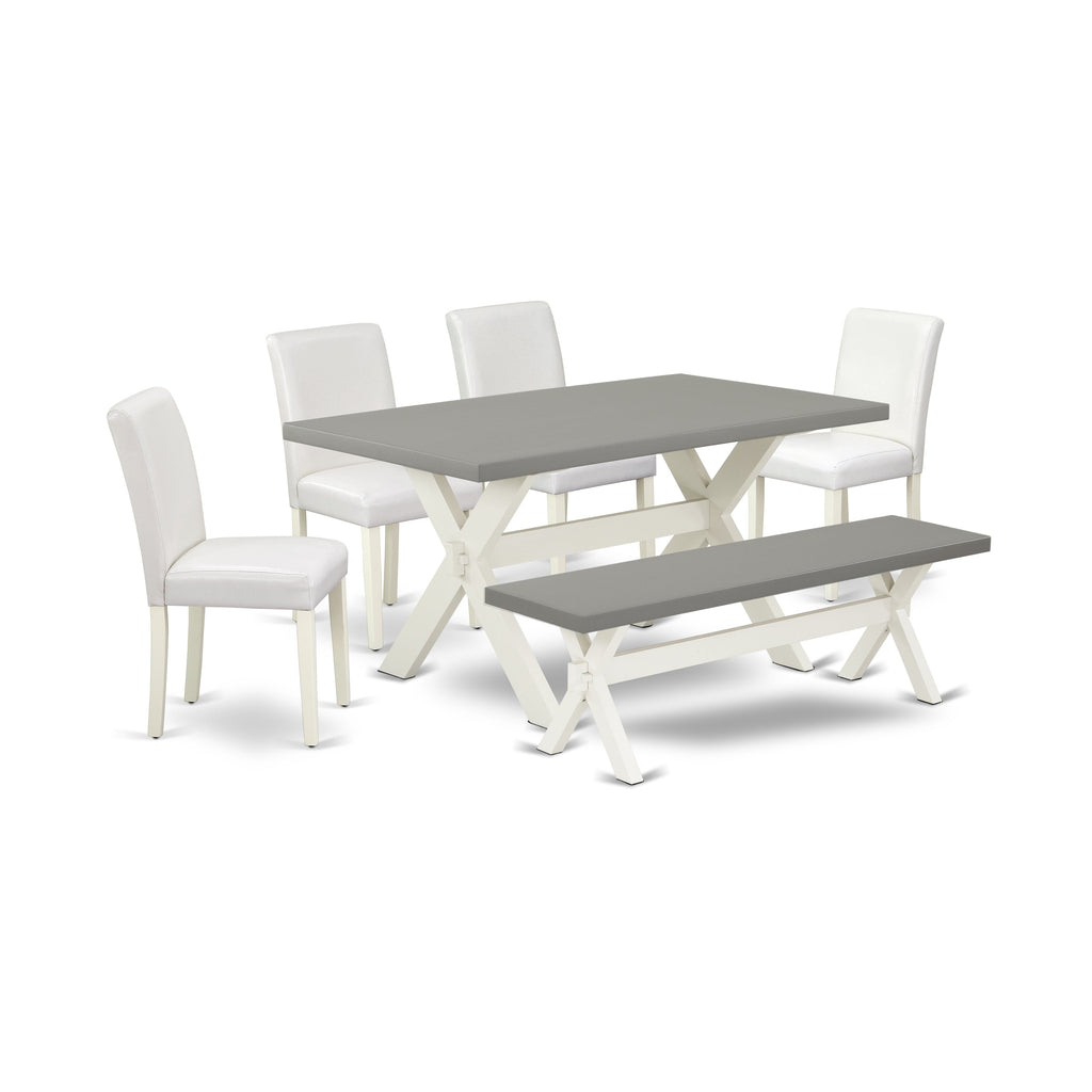 East West Furniture X096AB264-6 6 Piece Dining Room Table Set Contains a Rectangle Dining Table with X-Legs and 4 White Faux Leather Parson Chairs with a Bench