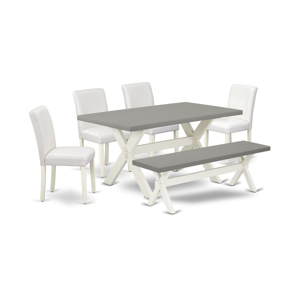 East West Furniture X096AB264-6 6 Piece Dining Room Table Set Contains a Rectangle Dining Table with X-Legs and 4 White Faux Leather Parson Chairs with a Bench, 36x60 Inch, Multi-Color