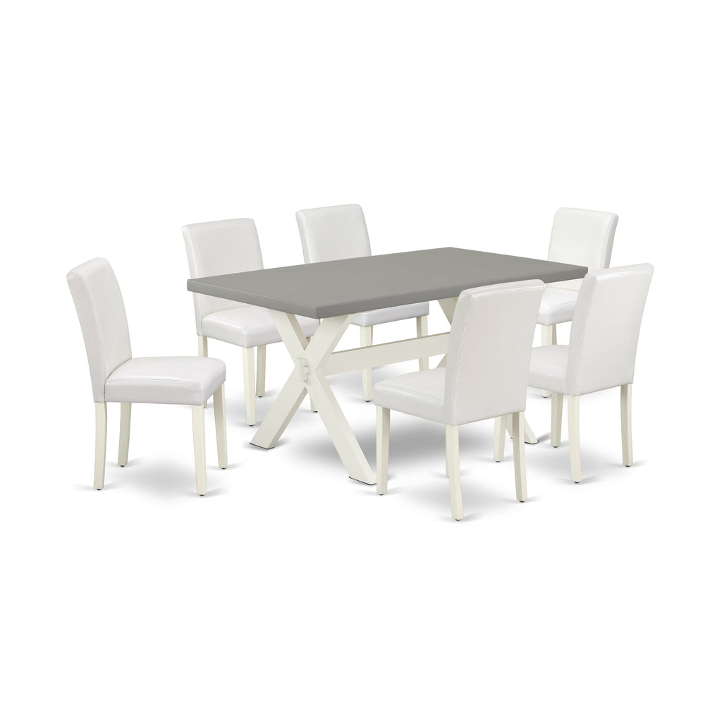 East West Furniture X096AB264-7 7 Piece Modern Dining Table Set Consist of a Rectangle Wooden Table with X-Legs and 6 White Faux Leather Upholstered Parson Chairs, 36x60 Inch, Multi-Color