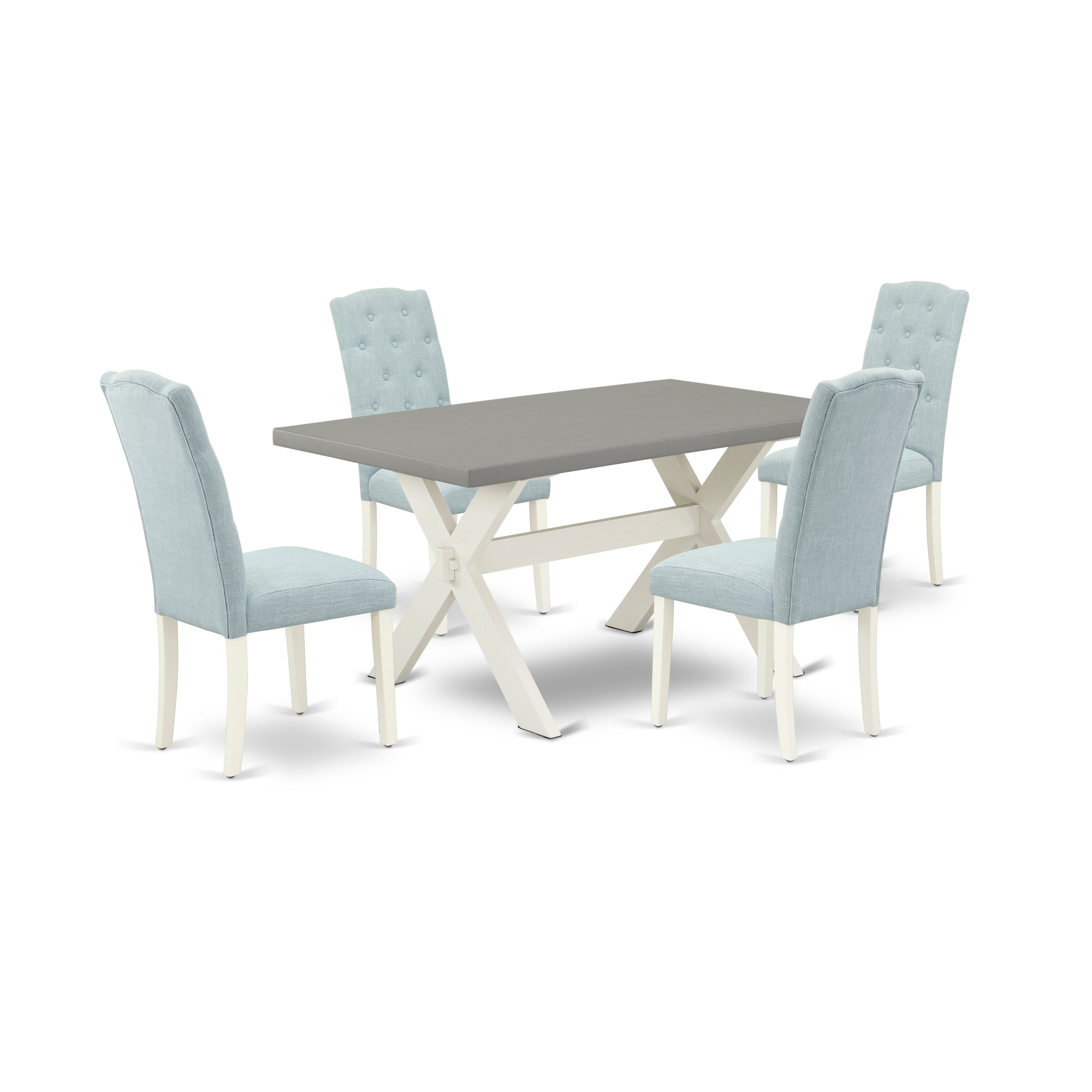 East West Furniture X096CE215-5 5-Pc Dining Table Set- 4 Upholstered Dining Chairs with Baby Blue Linen Fabric Seat and Button Tufted Chair Back - Rectangular Dining Table - Cement Finish