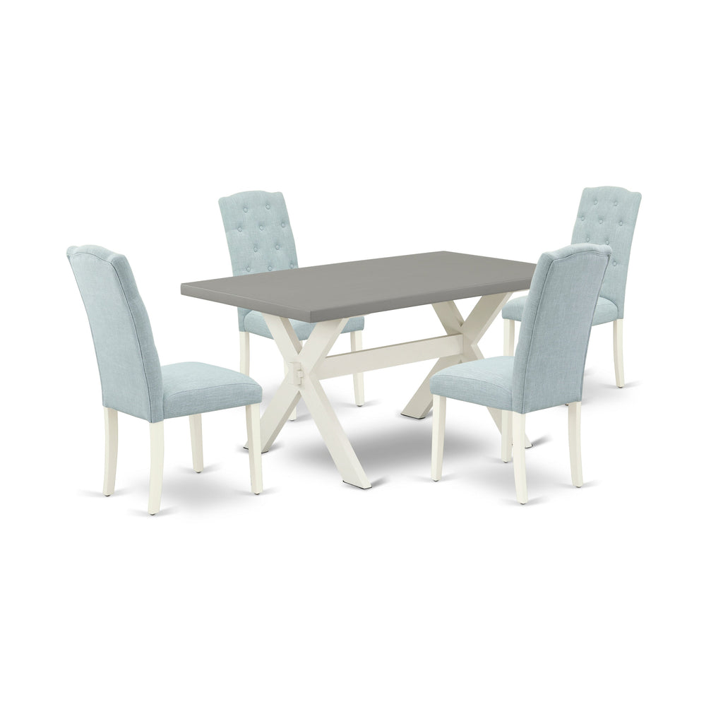 East West Furniture X096CE215-5 5 Piece Kitchen Table & Chairs Set Includes a Rectangle Dining Room Table with X-Legs and 4 Baby Blue Linen Fabric Parsons Chairs