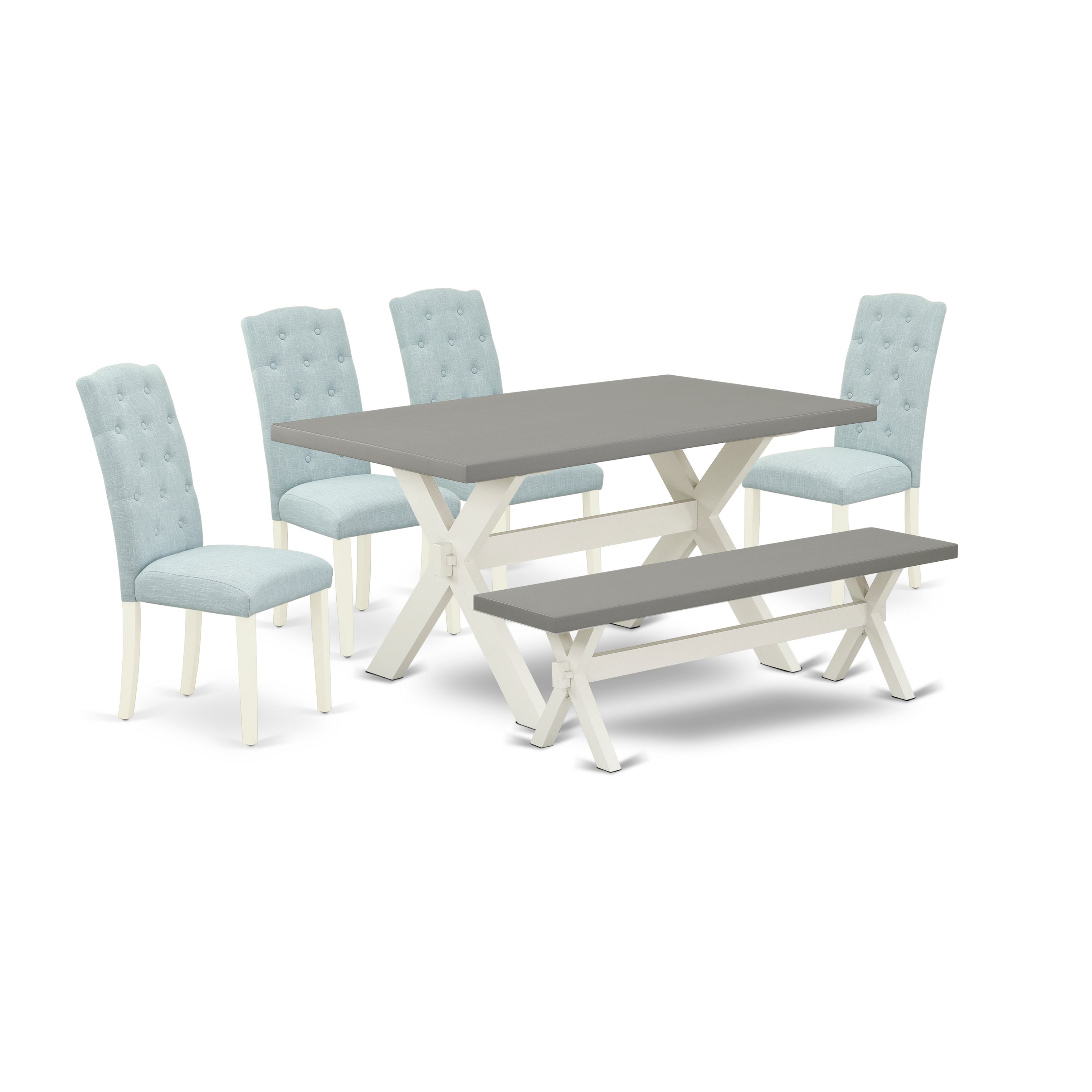 East West Furniture X096CE215-6 6-Pc Kitchen Dining Room Set- 4 dining room chairs with Baby Blue Linen Fabric Seat and Button Tufted Chair Back - Rectangular top & Wooden Cross Legs Wood Kitchen Table and Indoor Bench - Cement and linen white Finish