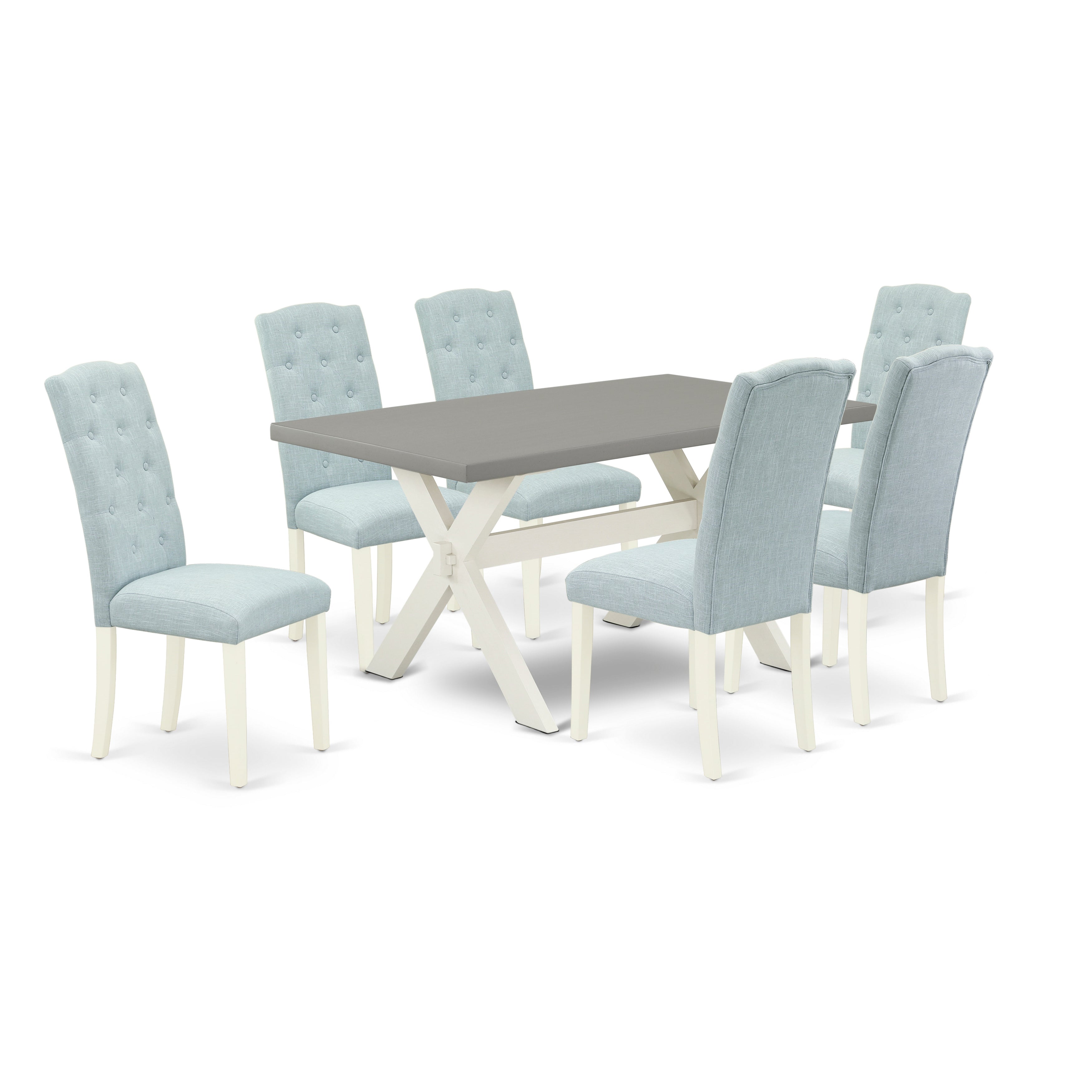 East West Furniture X096CE215-7 7-Piece Modern Dining Set- 6 Upholstered Dining Chairs with Baby Blue Linen Fabric Seat and Button Tufted Chair Back - Rectangular Table top & Wooden Cross Legs - Cement and linen white Finish