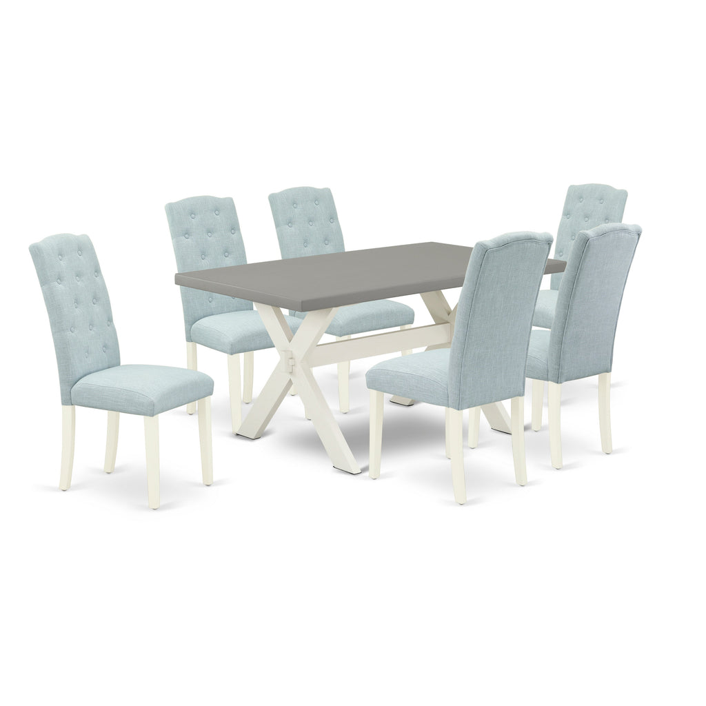 East West Furniture X096CE215-7 7 Piece Dining Table Set Consist of a Rectangle Dining Room Table with X-Legs and 6 Baby Blue Linen Fabric Upholstered Chairs
