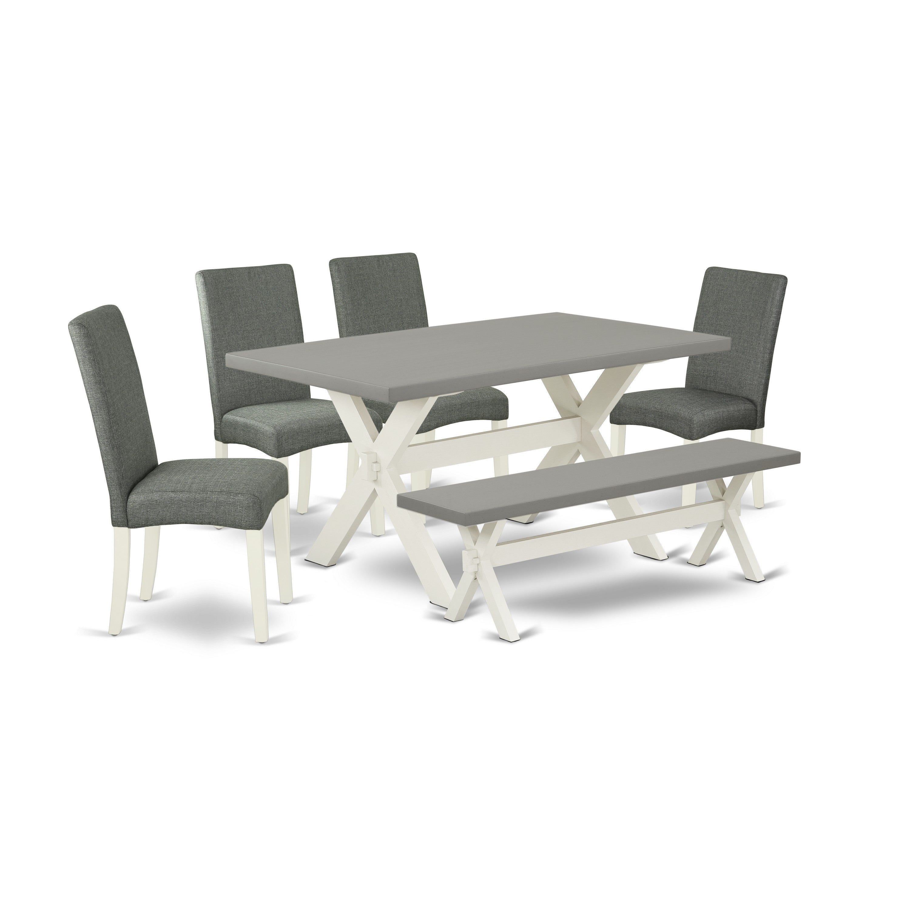 EAST WEST FURNITURE - X096DR207-6 - 6-Pc Dining Set - 4 Kitchen Chairs, a Wooden Bench and 1 Modern dining room table - linen white Finish