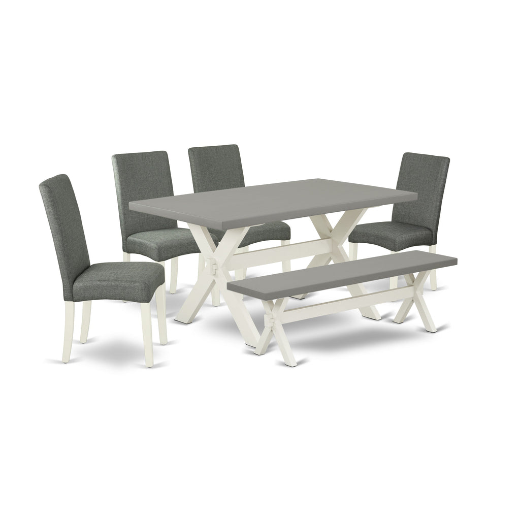 East West Furniture X096DR207-6 6 Piece Dining Room Table Set Contains a Rectangle Kitchen Table with X-Legs and 4 Gray Linen Fabric Parson Chairs with a Bench, 36x60 Inch, Multi-Color