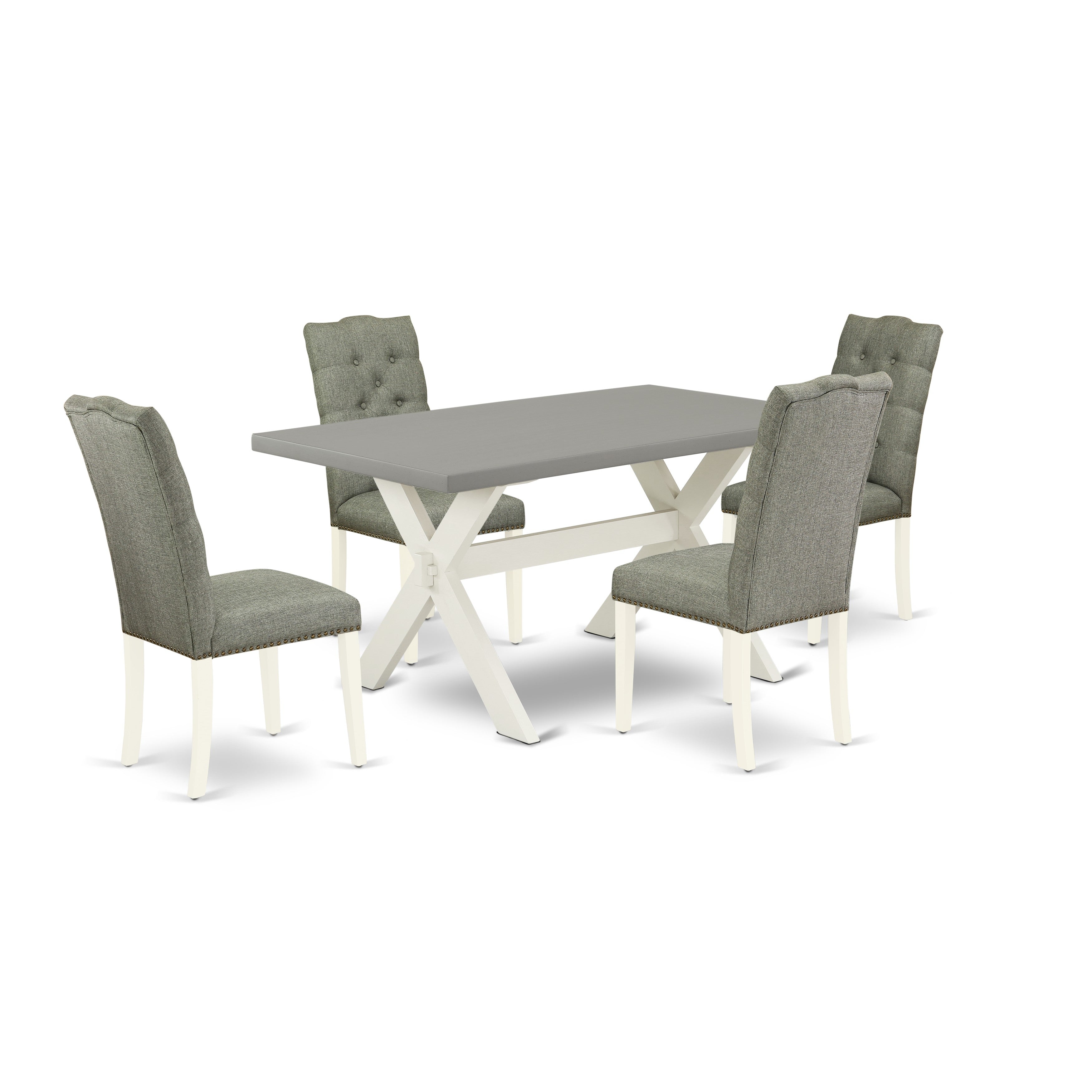 East West Furniture X096EL207-5 5-Pc Modern Dining Table Set- 4 Parson Dining Chairs with Smoke Linen Fabric Seat and Button Tufted Chair Back - Dining Table - Cement Finish