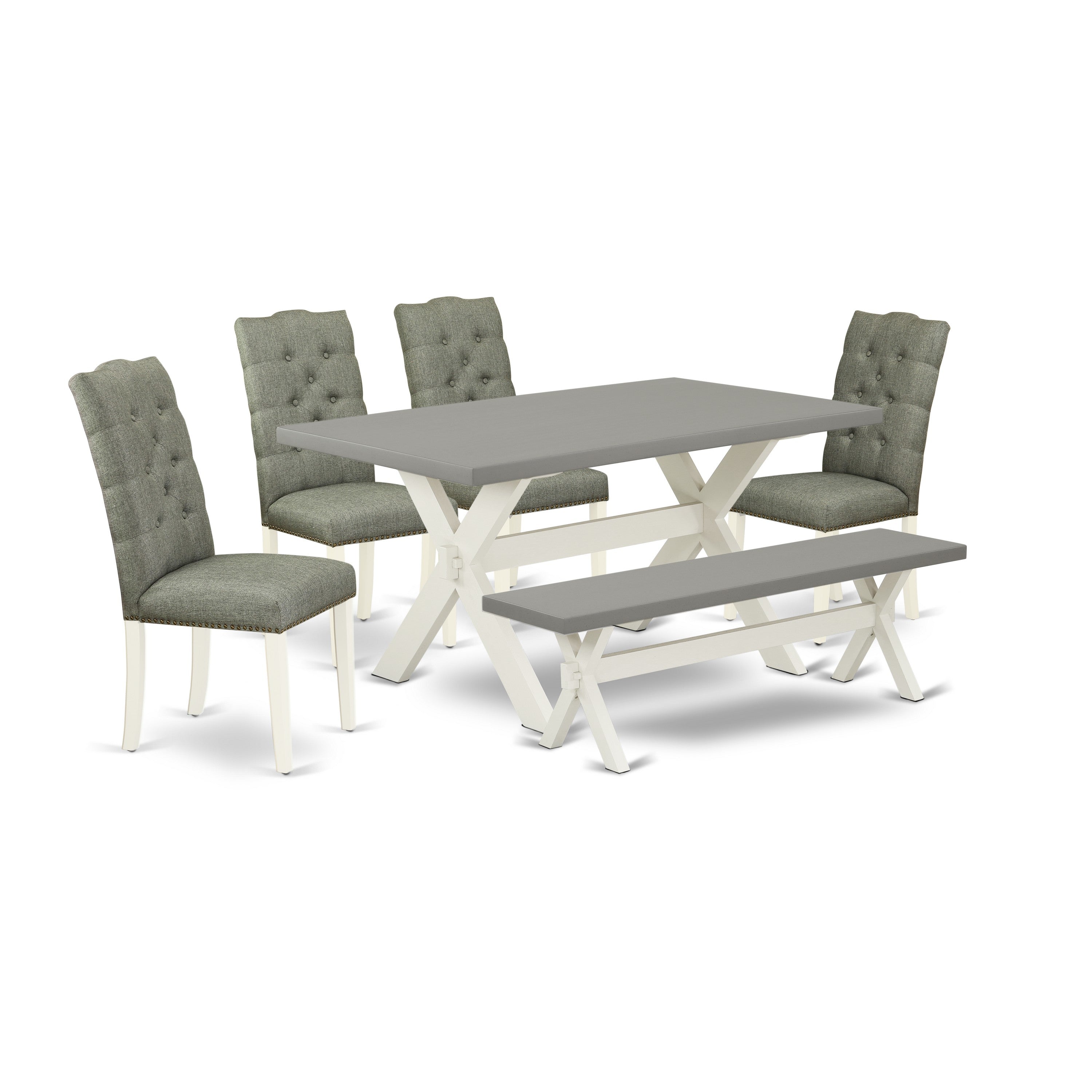 East West Furniture X096EL207-6 6-Pc Dining Table Set- 4 Parson Chairs with Smoke Linen Fabric Seat and Button Tufted Chair Back - Rectangular top & Wooden cross Legs Mid Century Dining Table and Small Bench - Cement and linen white Finish