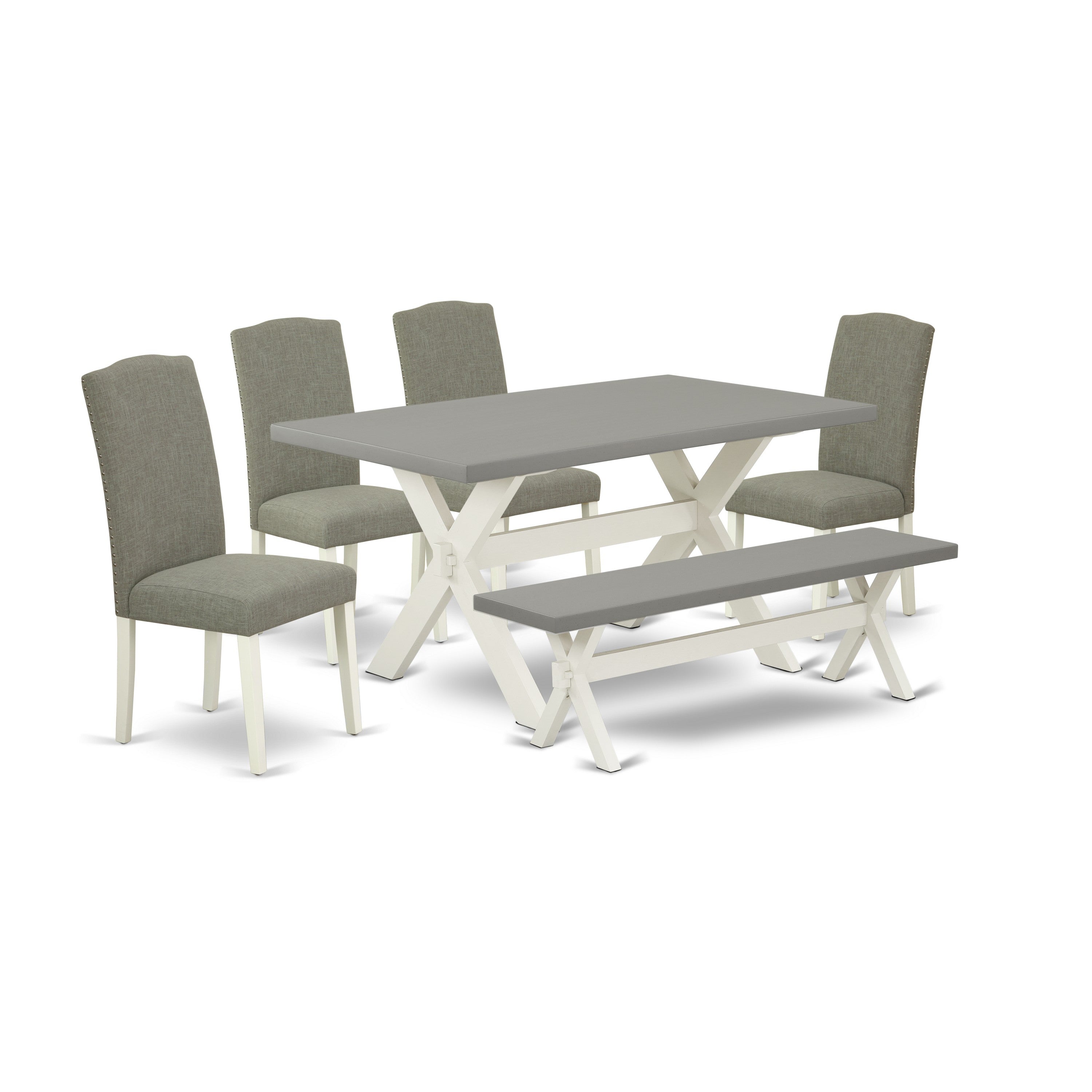 East West Furniture X096EN206-6 6-Piece Dining Room Table Set with Kitchen Table and Dining Bench - 4 Wonderful Padded Chairs (linen white Finish)