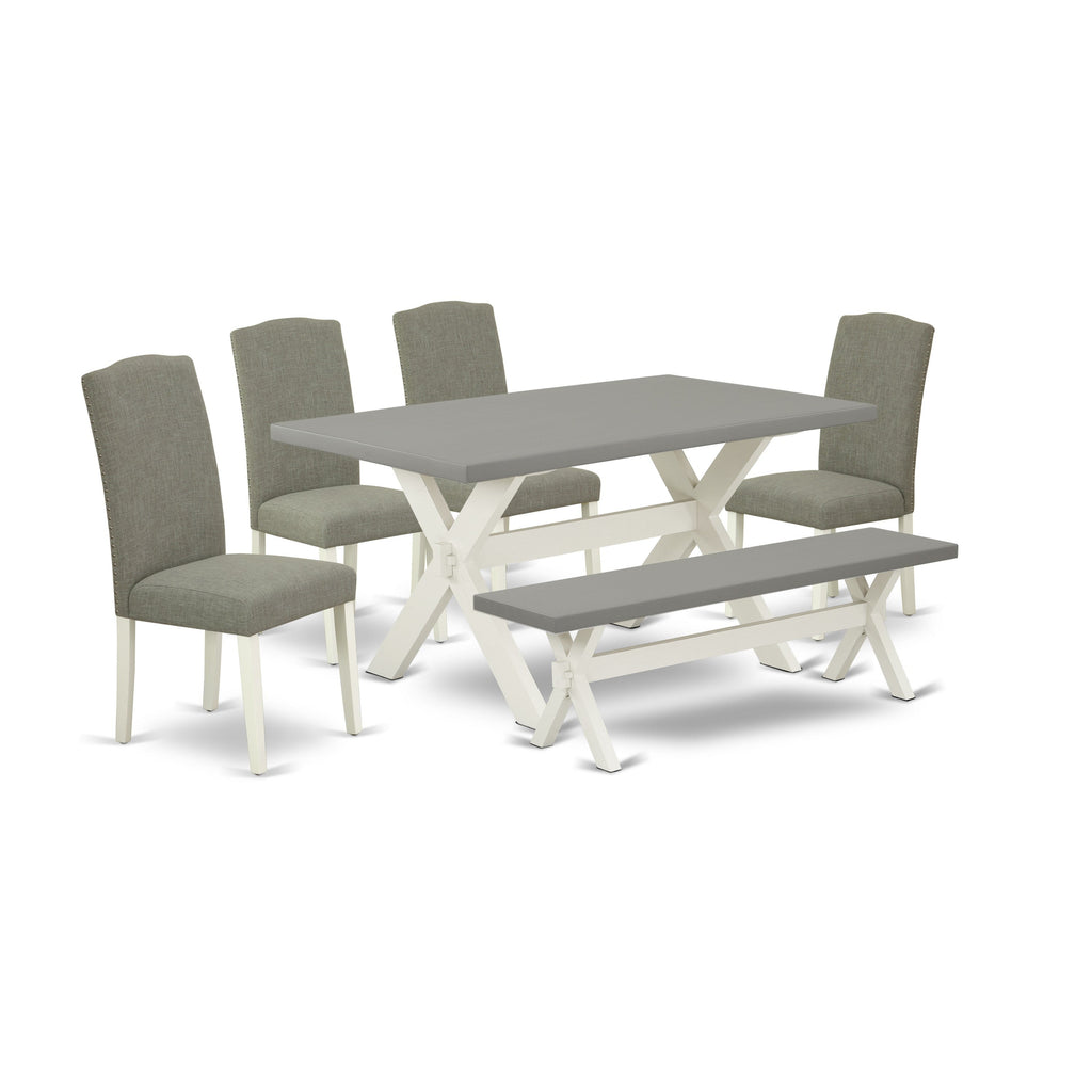 East West Furniture X096EN206-6 6 Piece Kitchen Table Set Contains a Rectangle Dining Table and 4 Dark Shitake Linen Fabric Upholstered Chairs with a Bench