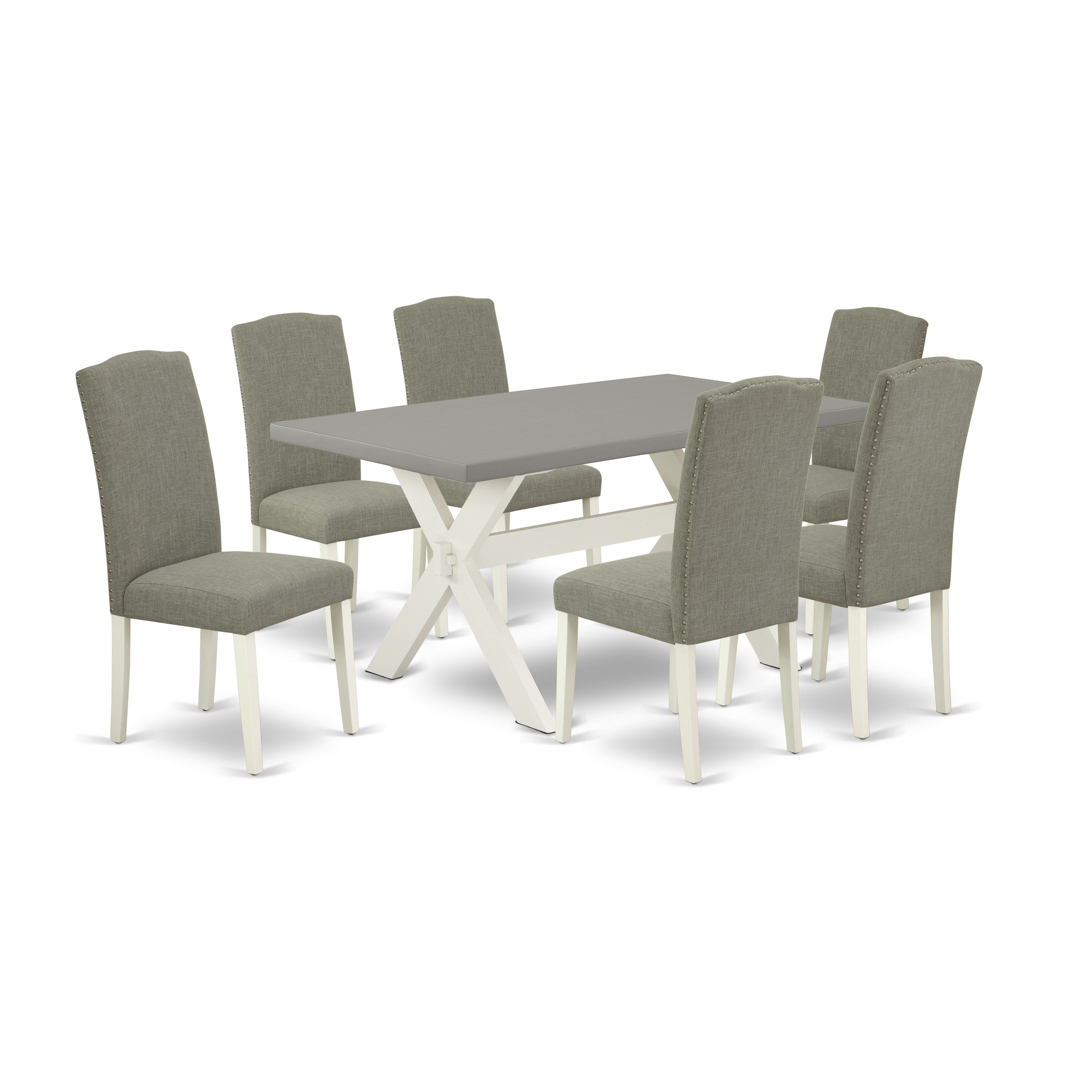 East West Furniture X096EN206-7 7-Piece Dining Room Table Set with Dining Table - 6 Linen Fabric Parson dining room chairs (linen white Finish)