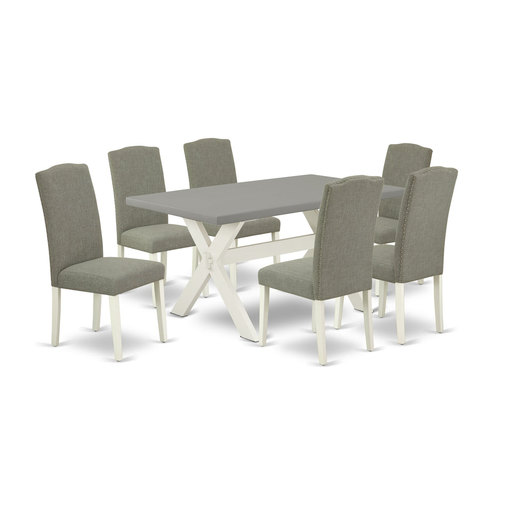 East West Furniture X096EN206-7 7 Piece Dining Table Set Consist of a Rectangle Dining Room Table with X-Legs and 6 Dark Shitake Linen Fabric Upholstered Chairs