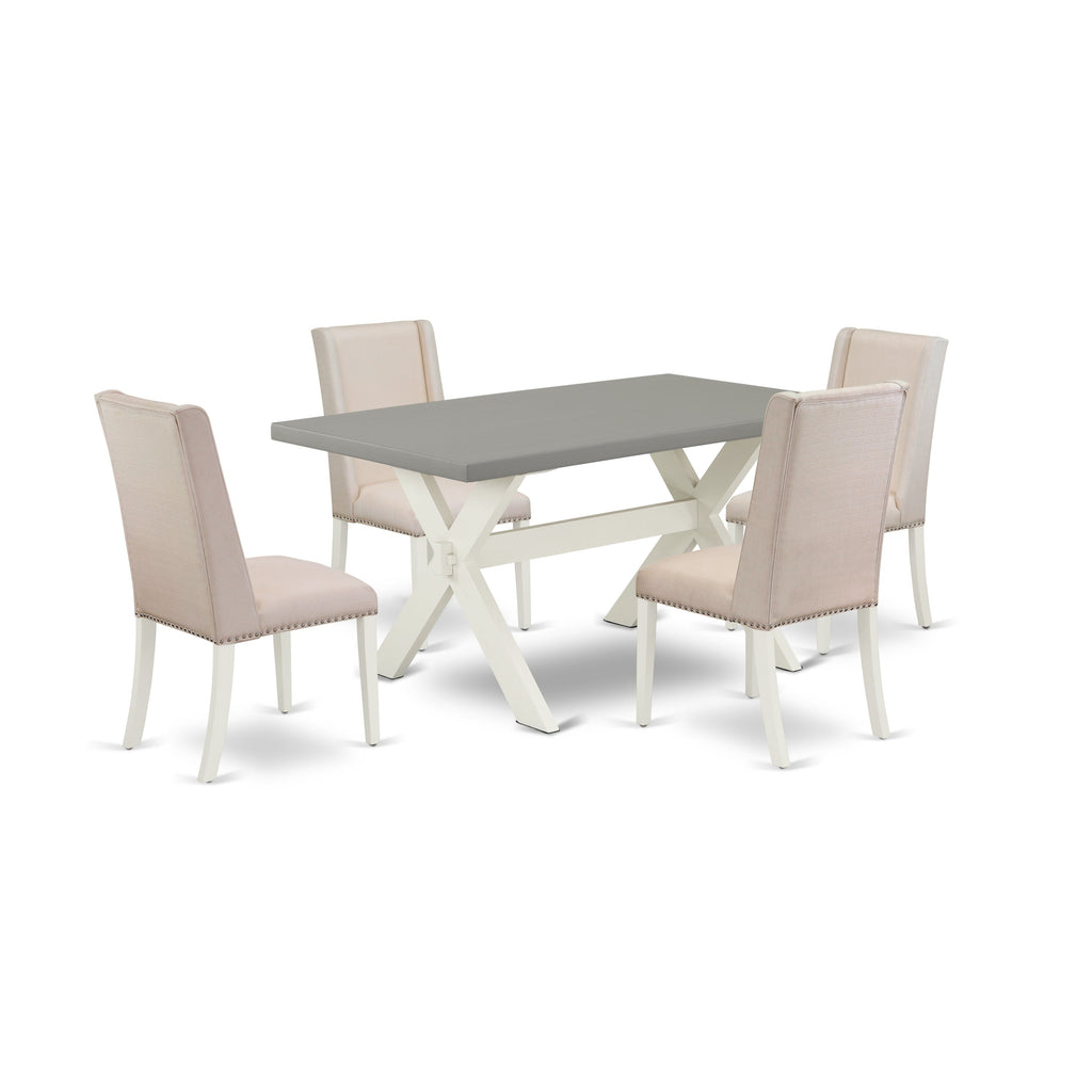 East West Furniture X096FL201-5 5 Piece Modern Dining Table Set Includes a Rectangle Wooden Table with X-Legs and 4 Cream Linen Fabric Upholstered Chairs