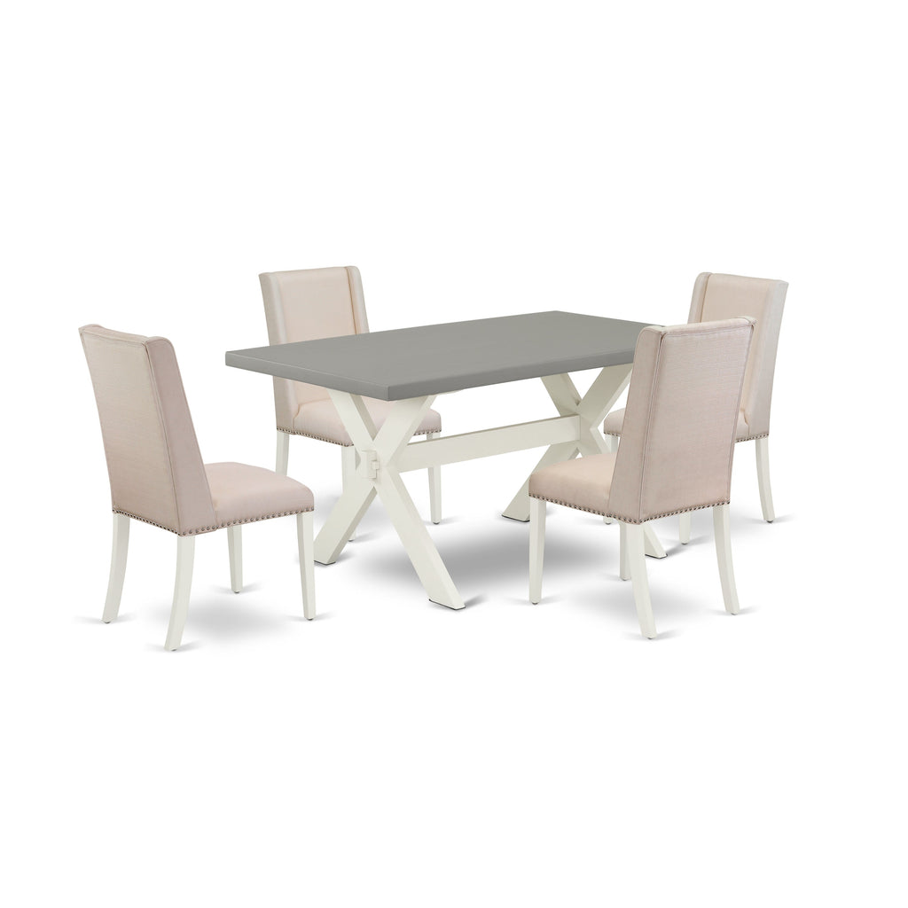 East West Furniture X096FL201-5 5 Piece Modern Dining Table Set Includes a Rectangle Wooden Table with X-Legs and 4 Cream Linen Fabric Upholstered Chairs, 36x60 Inch, Multi-Color