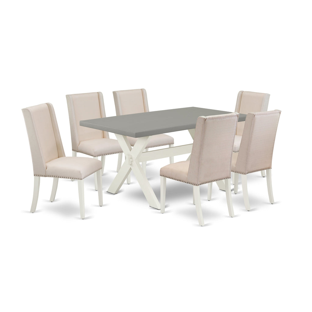 East West Furniture X096FL201-7 7 Piece Modern Dining Table Set Consist of a Rectangle Wooden Table with X-Legs and 6 Cream Linen Fabric Parson Dining Chairs