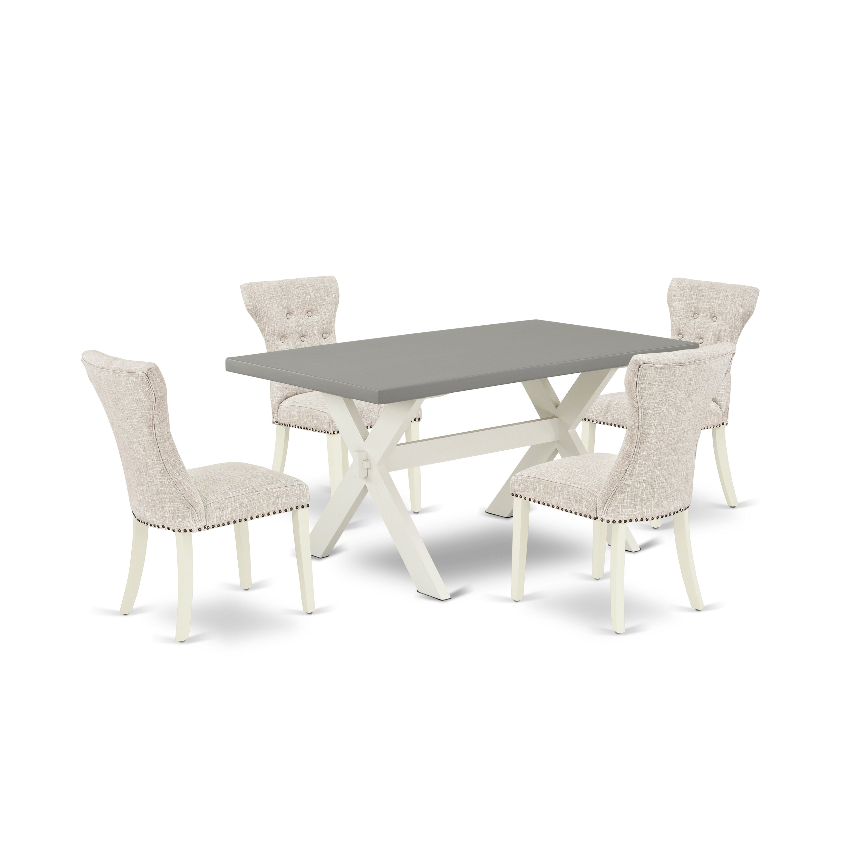East West Furniture X096GA235-5 5-Pc Dining Table Set- 4 Dining Padded Chairs with Doeskin Linen Fabric Seat and Button Tufted Chair Back - Rectangular Dining Table - Cement Finish