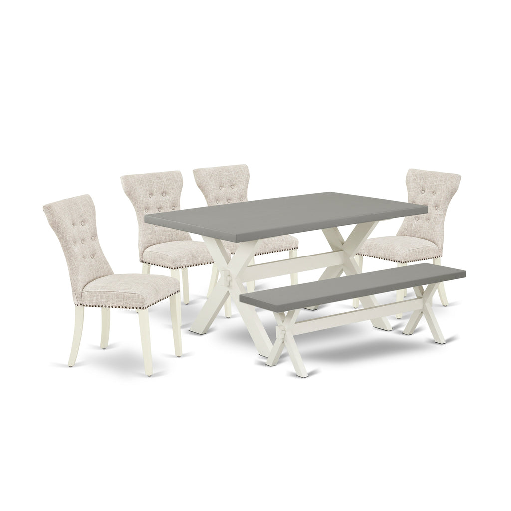 East West Furniture X096GA235-6 6-Piece Kitchen Dining Room Set- 4 Chairs with Doeskin Linen Fabric Seat and Button Tufted Chair Back - Rectangular Table and Wooden Bench - Cement Finish