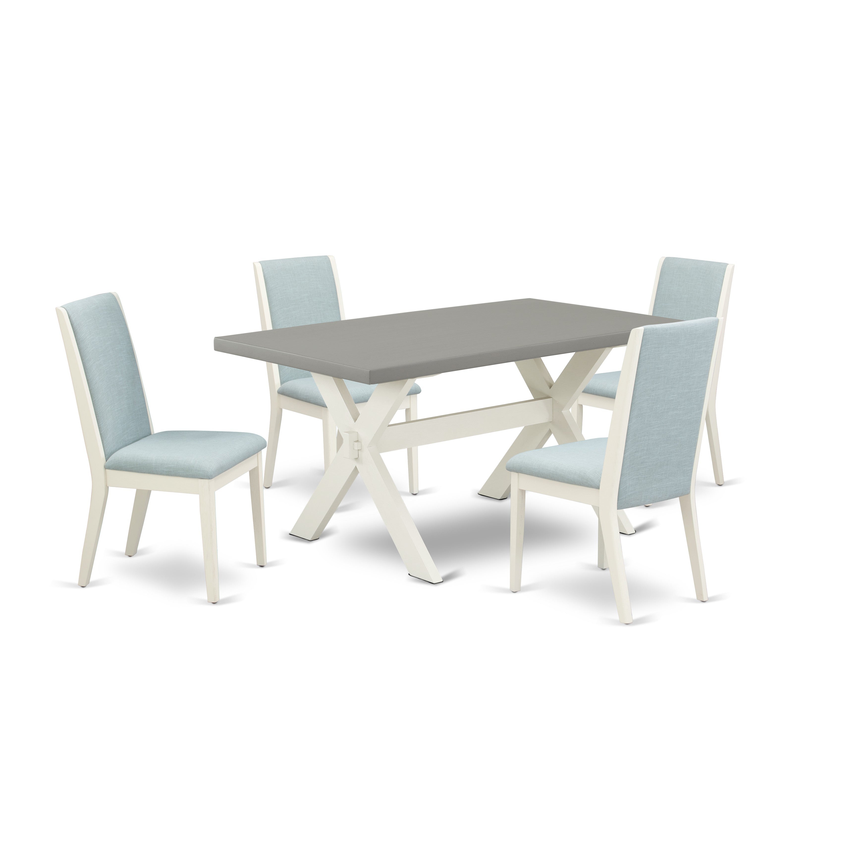 East West Furniture X096LA015-5 5Pc Kitchen Set Contains a Wood Table and 4 Parson Chairs with Baby Blue Color Linen Fabric, Medium Size Table with Full Back Chairs, Wirebrushed Linen White and Cement Finish
