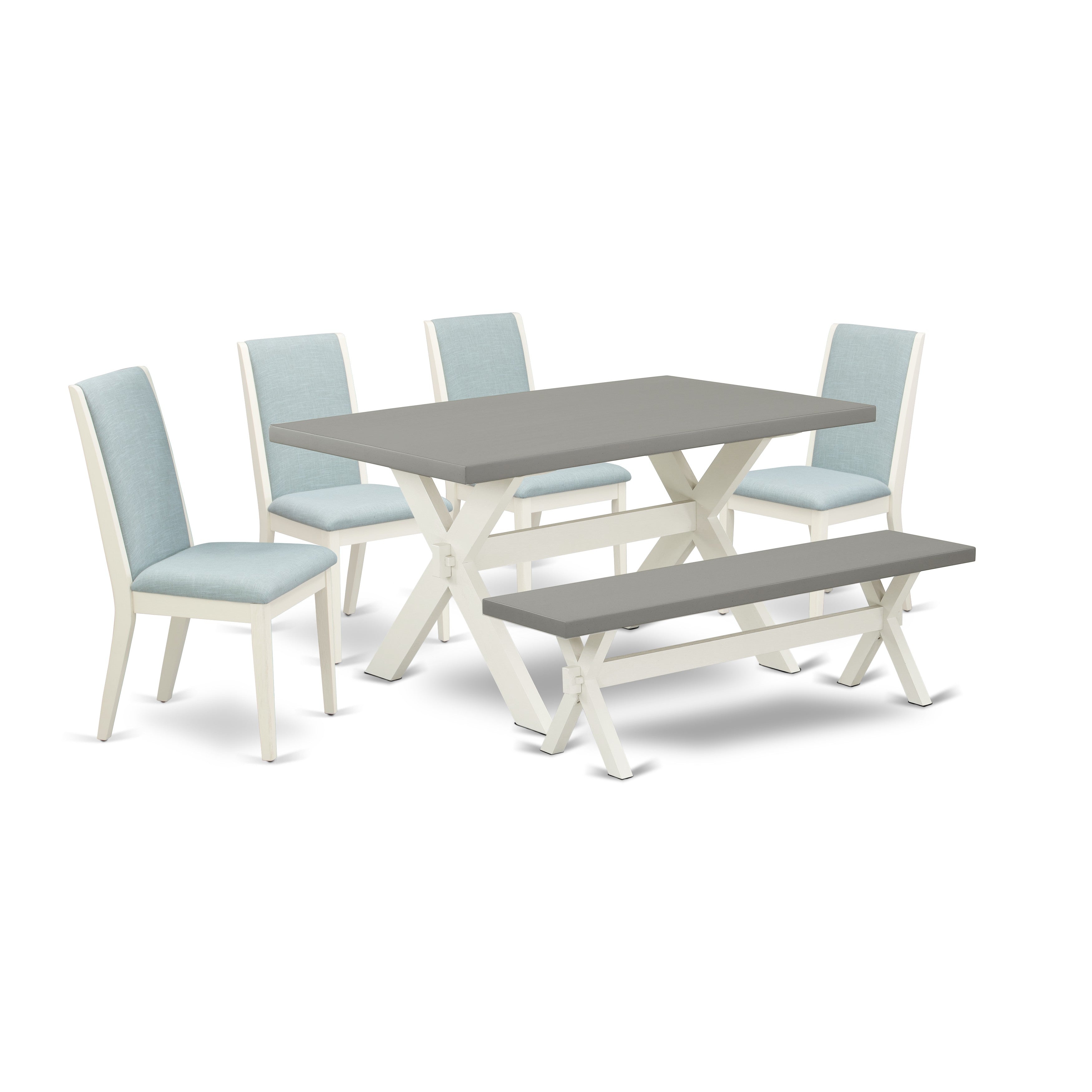 East West Furniture X096LA015-6 6Pc Wood Dining Table Set Includes a Dining Room Table, 4 Parson Chairs with Baby Blue Color Linen Fabric and a Bench, Medium Size Table with Full Back Chairs, Wirebrushed Linen White and Cement Finish