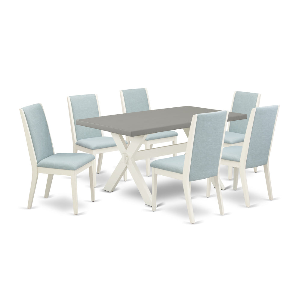 East West Furniture X096LA015-7 7 Piece Dining Table Set Consist of a Rectangle Dining Room Table with X-Legs and 6 Baby Blue Linen Fabric Upholstered Chairs, 36x60 Inch, Multi-Color