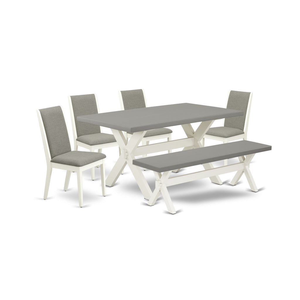 East West Furniture X096LA206-6 6-Piece Kitchen Table Set with Kitchen Table and Dining Bench - 4 Linen Fabric Dining Chairs (linen white Finish)