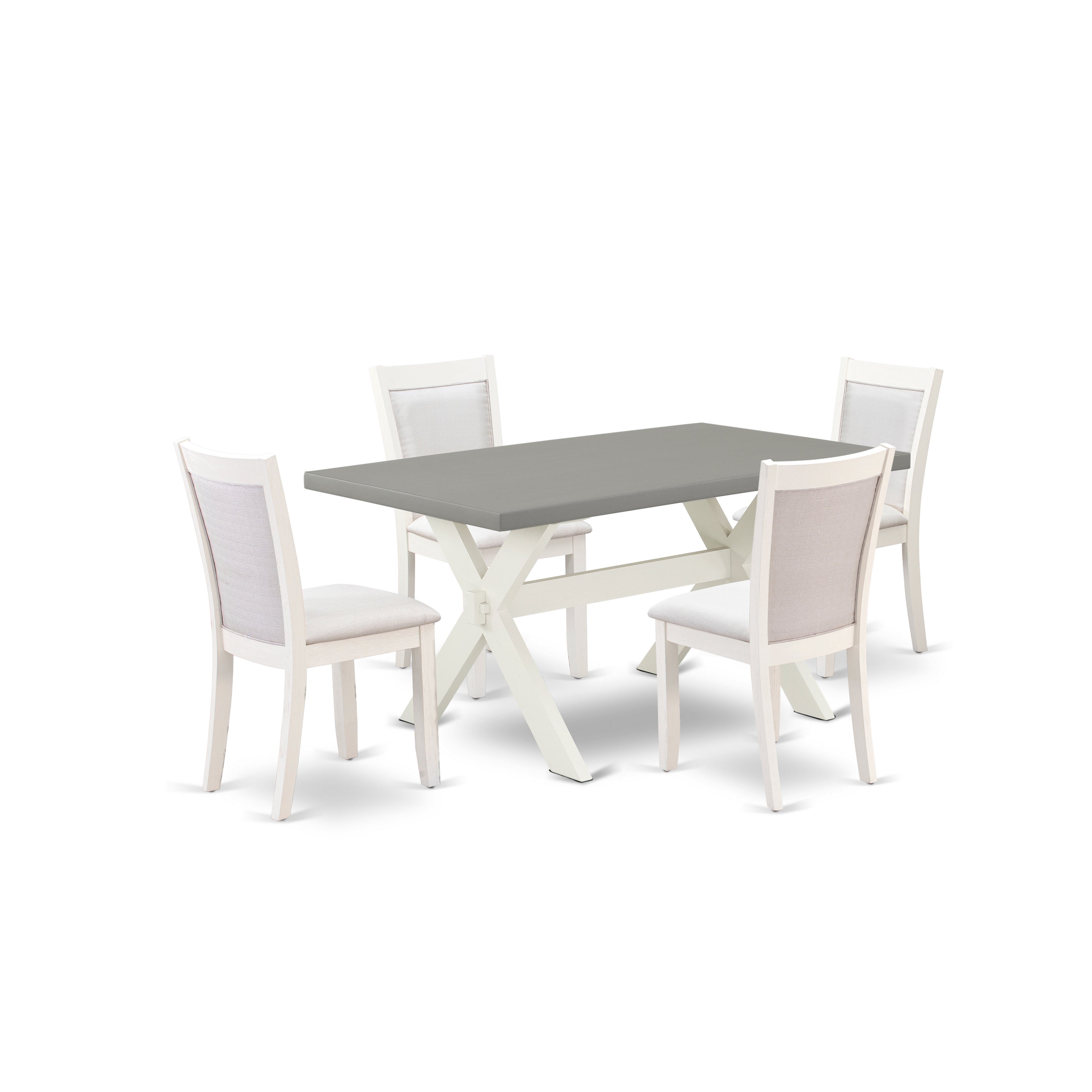 East West Furniture X096MZ001-5 5-Piece Modern Dining Table Set Includes a Mid Century Dining Table and 4 Cream Linen Fabric Dinning Room Chairs with Stylish Back - Wire Brushed linen white Finish