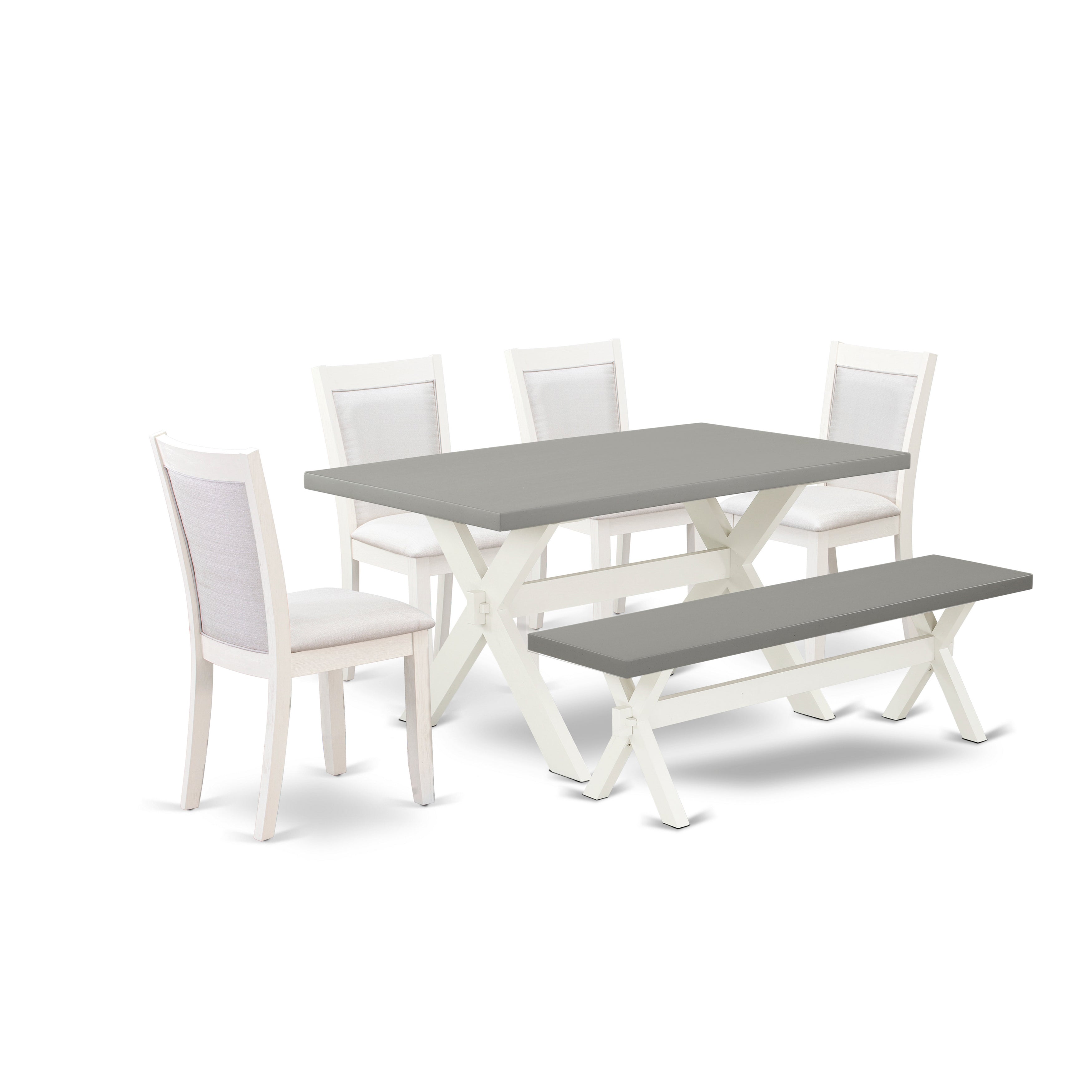 East West Furniture X096MZ001-6 6-Piece Modern Dining Table Set Includes a Kitchen Table - 4 Cream Linen Fabric Dining Chairs with Stylish Back and a Dining Bench - Wire Brushed linen white Finish