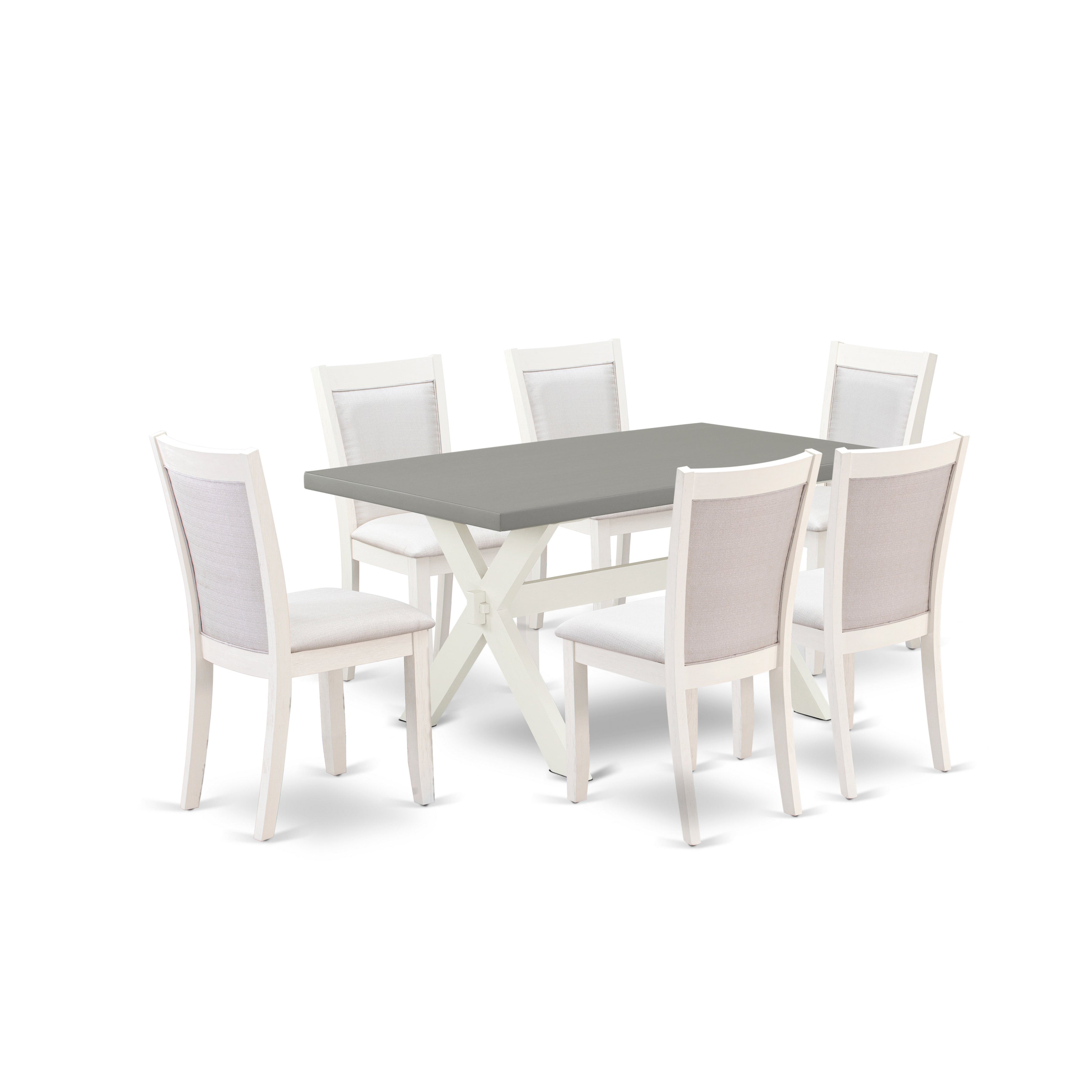 East West Furniture X096MZ001-7 7-Piece Table Set Includes a Wooden Kitchen Table and 6 Cream Linen Fabric Modern Dining Chairs with Stylish Back - Wire Brushed linen white Finish
