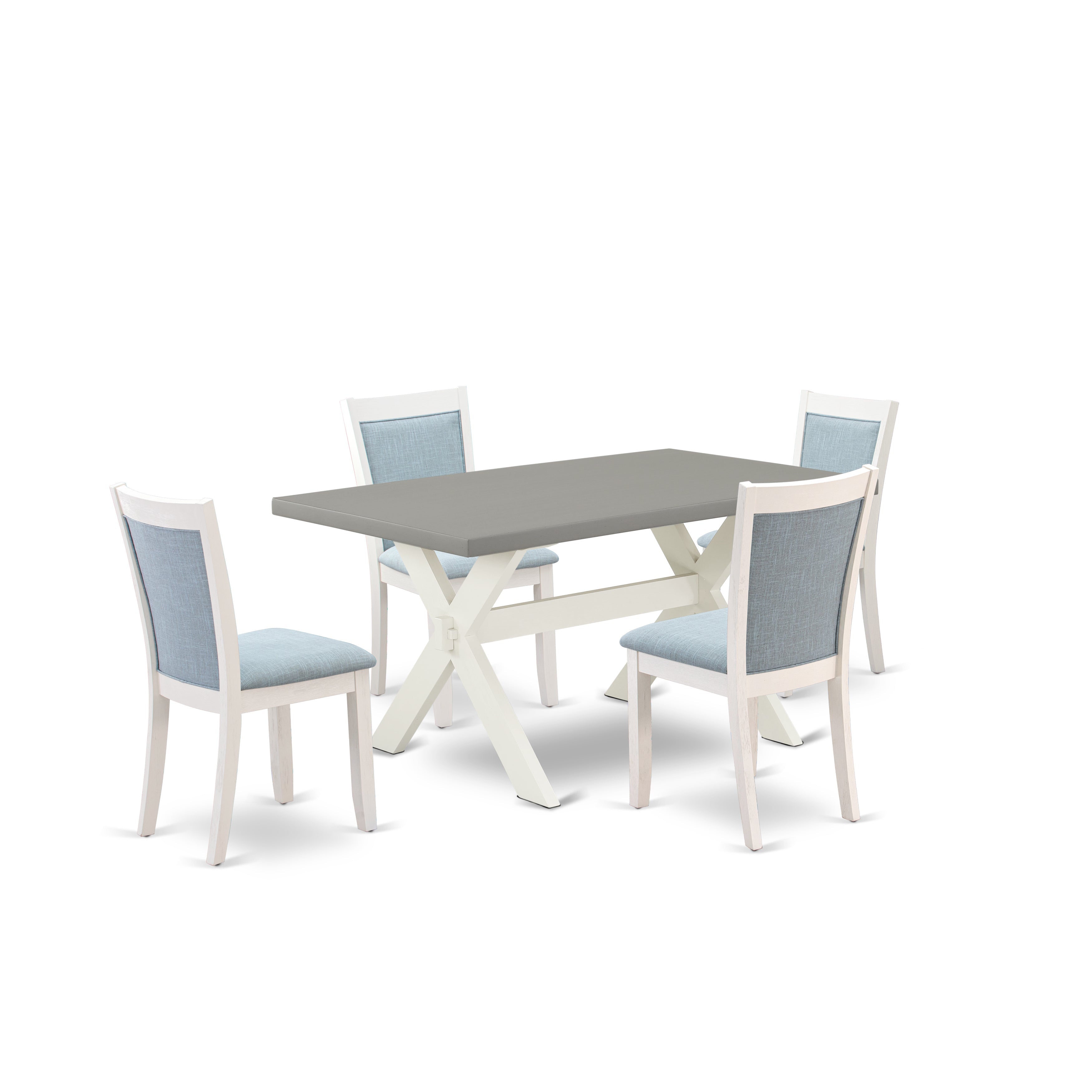 East West Furniture X096MZ015-5 5-Piece Kitchen Table Set Includes a Wooden Table and 4 Baby Blue Linen Fabric Dining Room Chairs with Stylish Back - Wire Brushed linen white Finish
