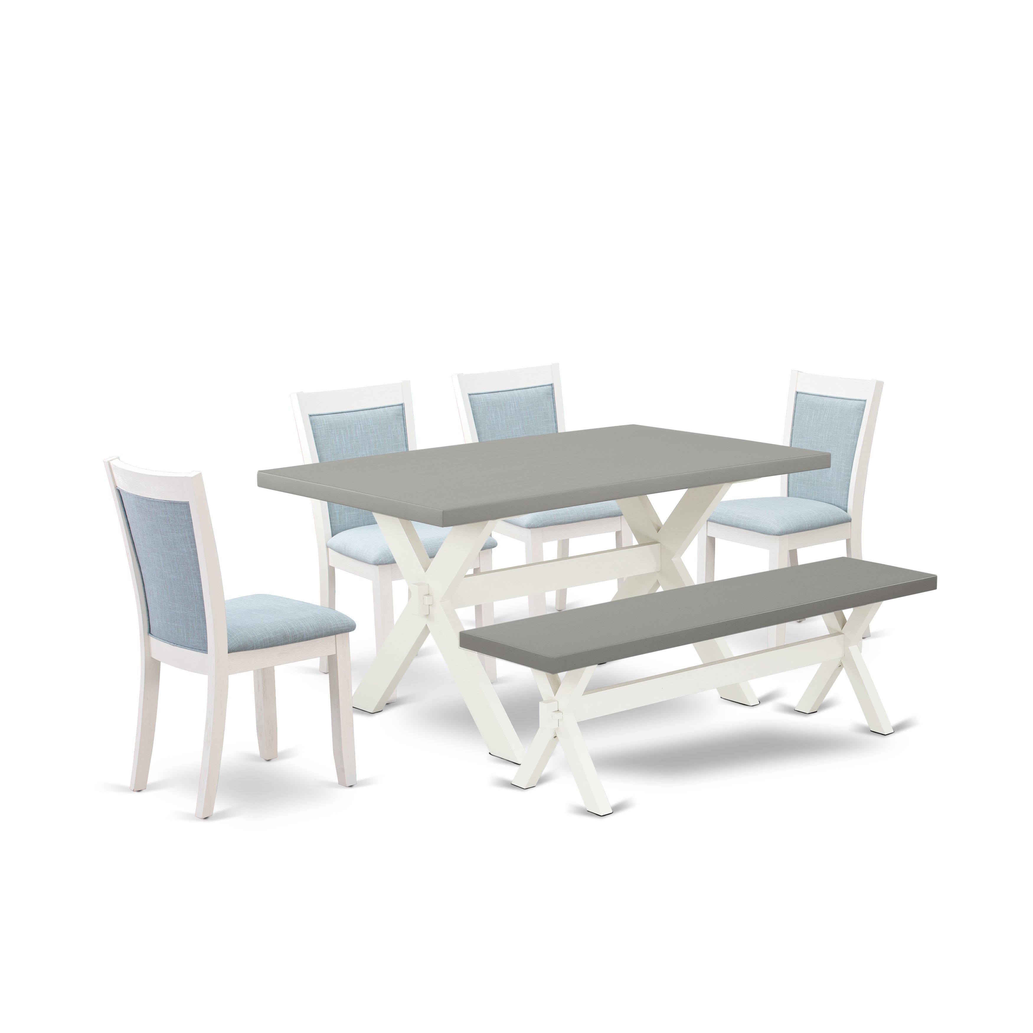 East West Furniture X096MZ015-6 6-Piece Kitchen Table Set Includes a Dinner Table - 4 Baby Blue Linen Fabric Parson Chairs with Stylish Back and a Dining Bench - Wire Brushed linen white Finish
