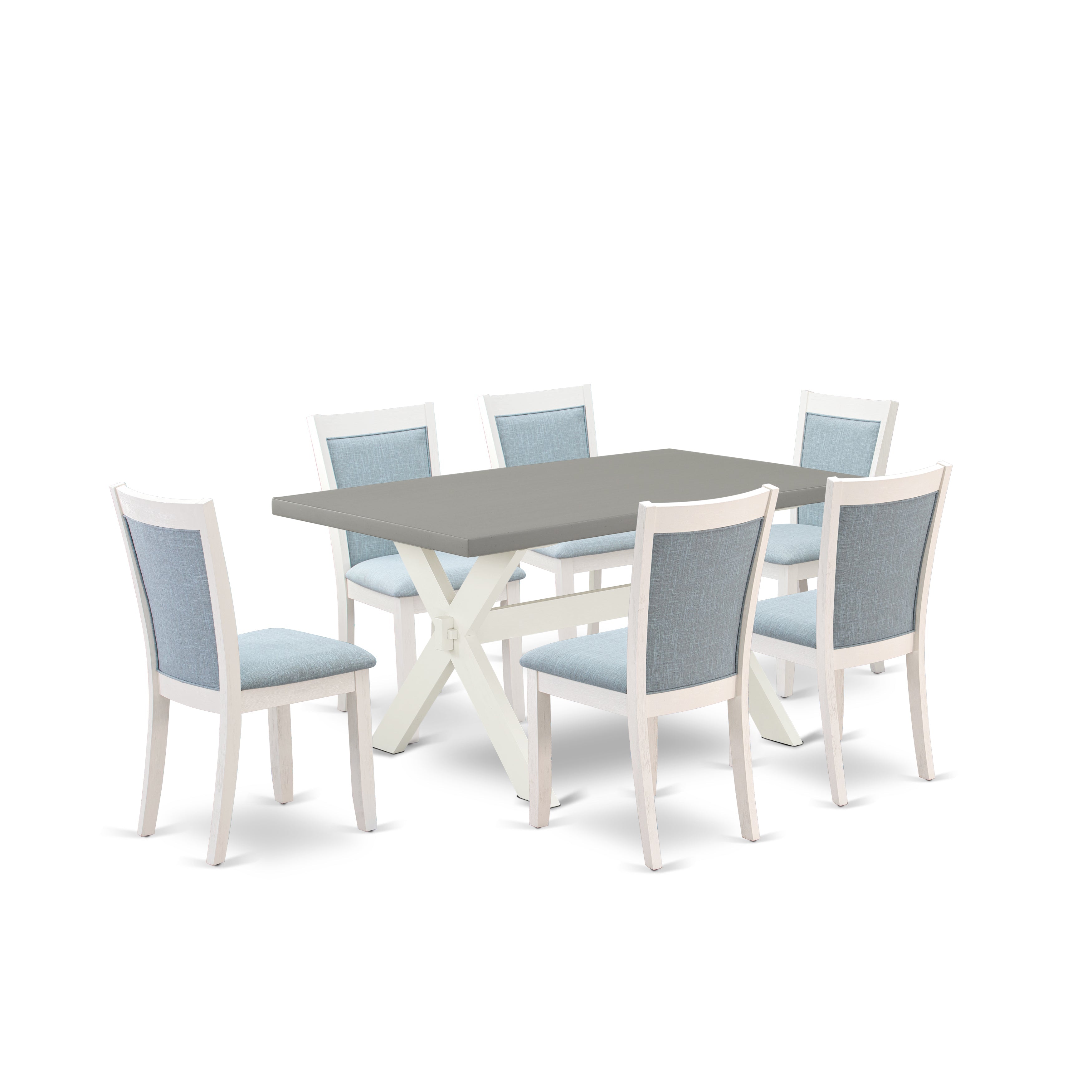 East West Furniture X096MZ015-7 7-Piece Dining Room Set Includes a Wooden Table and 6 Baby Blue Linen Fabric Upholstered Dining Chairs with Stylish Back - Wire Brushed linen white Finish