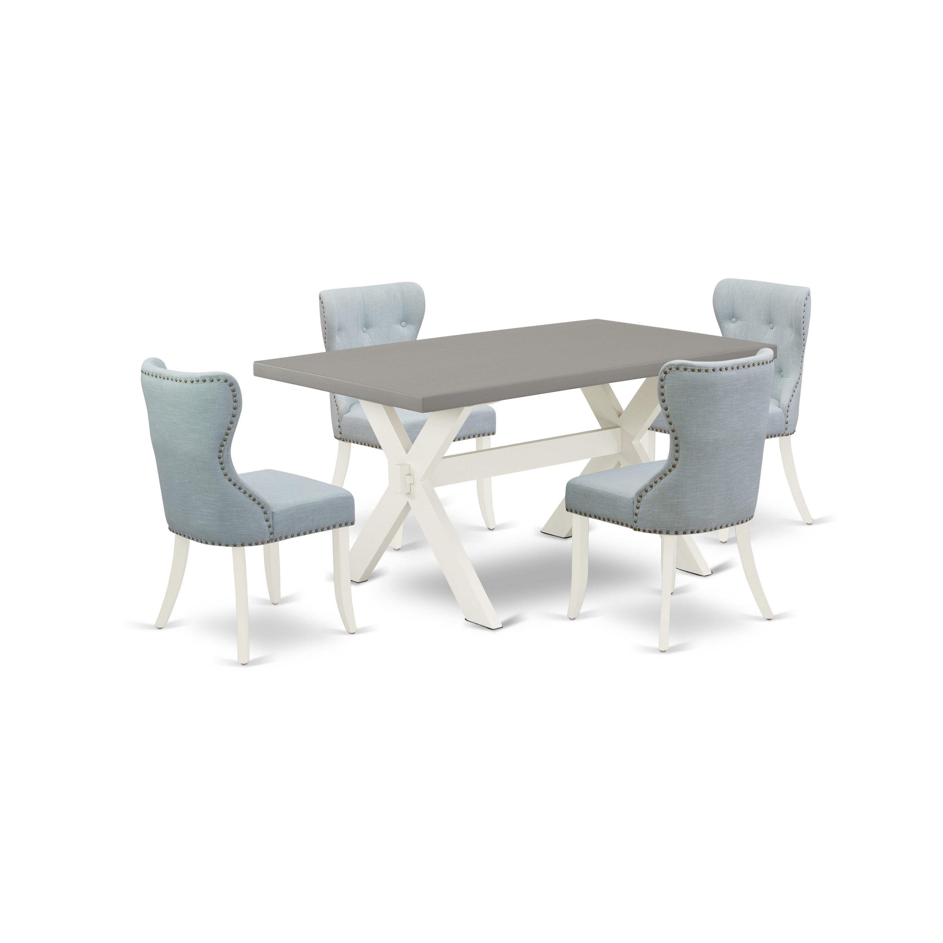 East West Furniture X096SI215-5 5-Pc Kitchen Dining Room Set- 4 Parson Dining Chairs with Baby Blue Linen Fabric Seat and Button Tufted Chair Back � Dining Room Table - Cement Finish