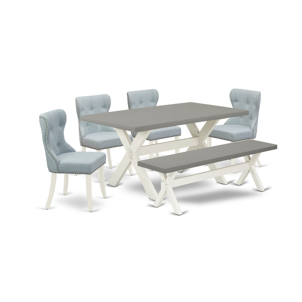 East West Furniture X096SI215-6 6 Piece Dining Room Table Set Contains a Rectangle Kitchen Table with X-Legs and 4 Baby Blue Linen Fabric Parson Chairs with a Bench