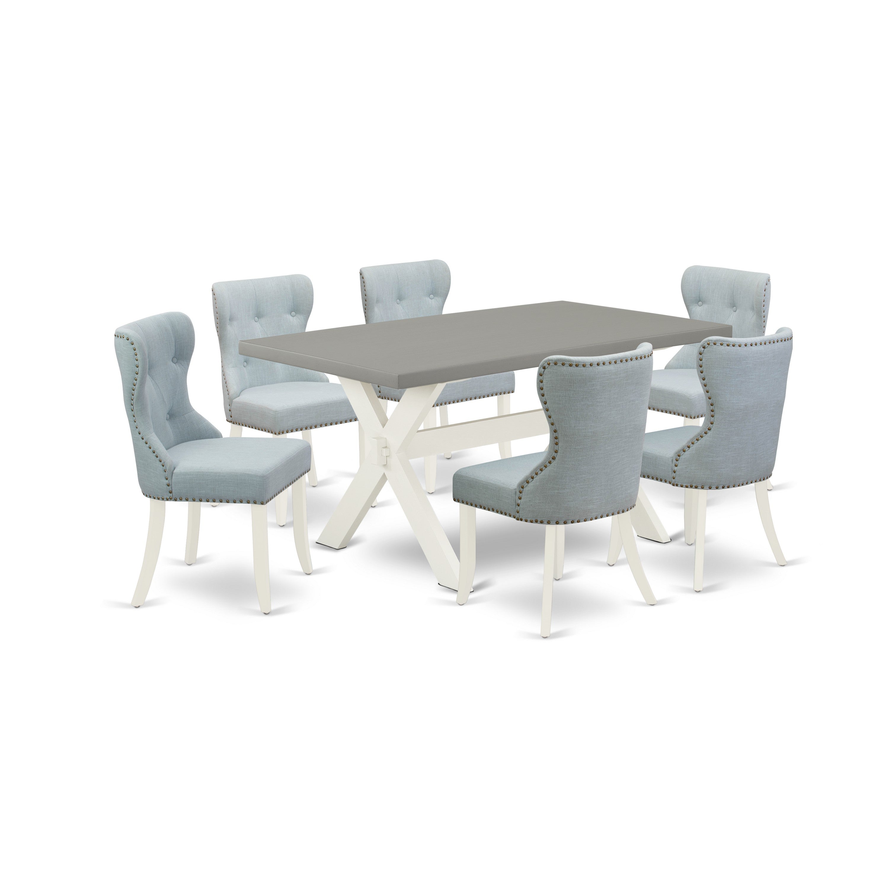 East West Furniture 7-Pc Kitchen Dining Room Set- 6 kitchen chairs with Baby Blue Linen Fabric Seat and Button Tufted Chair Back - Rectangular Table top & Wooden Cross Legs - Cement and linen white Finish
