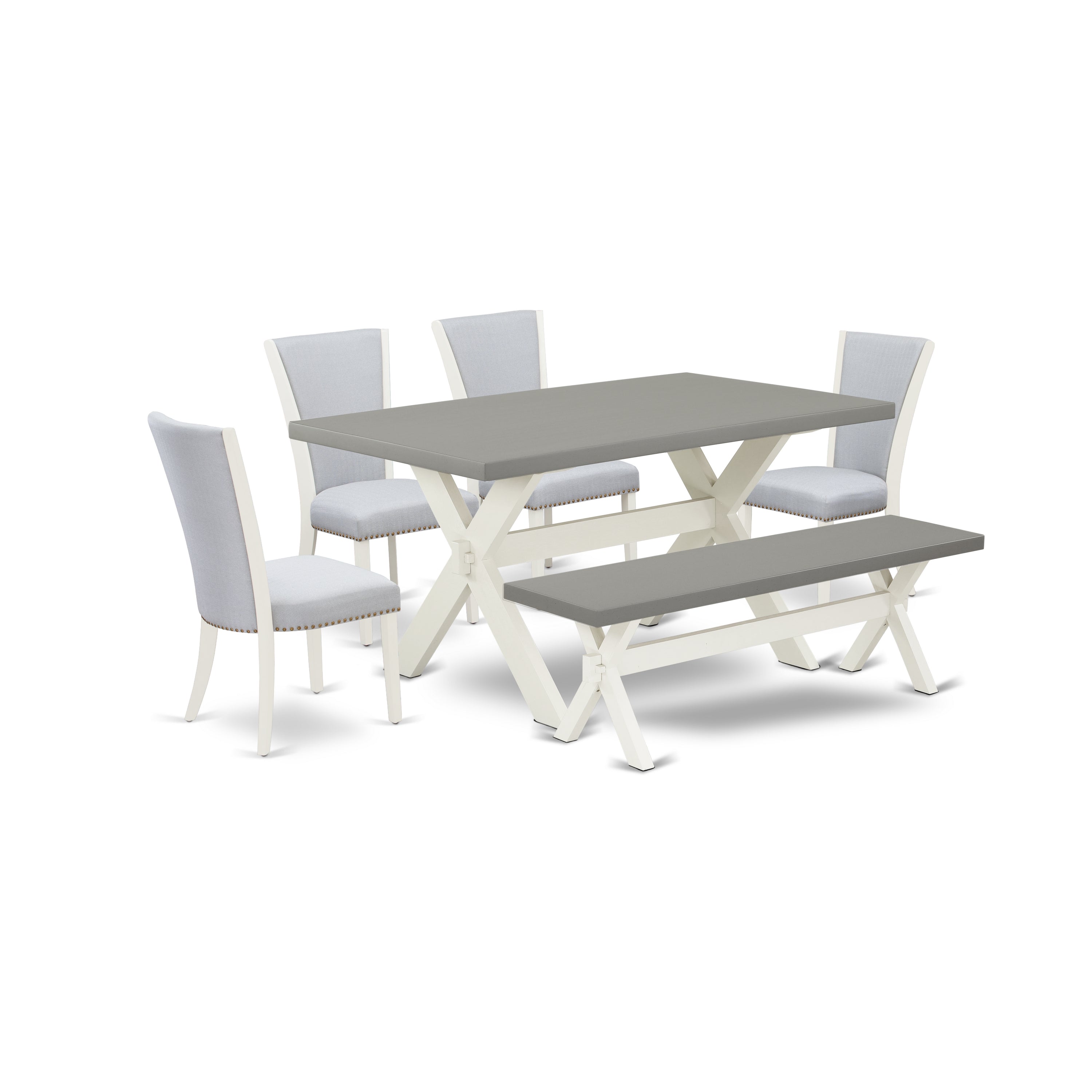 East West Furniture X096VE005-6 6 Piece Dining Table Set - 4 Grey Linen Fabric Dining Room Chair with Nailheads and Cement Kitchen Table - 1 Small Bench - Wire Brushed linen white Finish