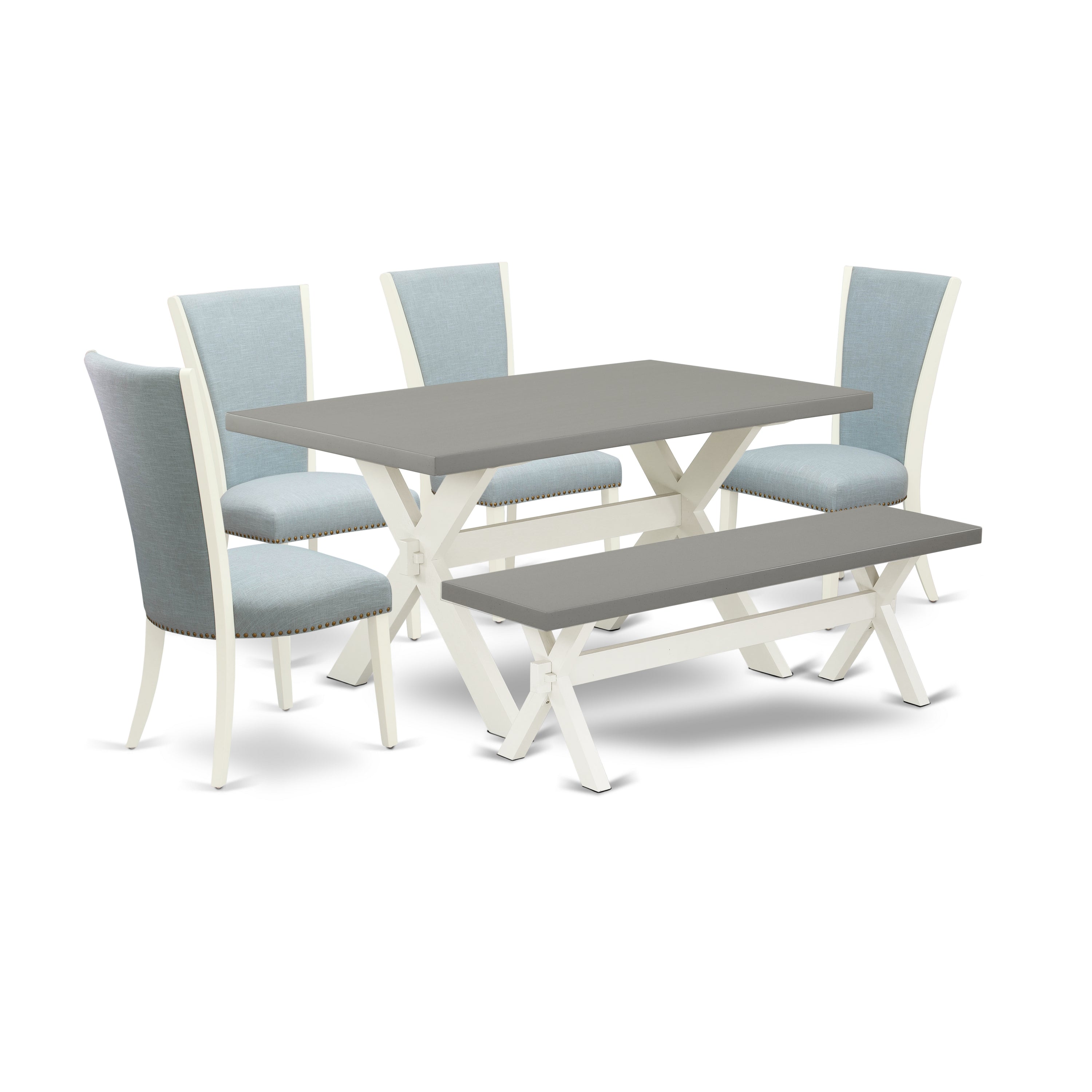 East West Furniture X096VE215-6 6 Piece Modern Dining Table Set - 4 Baby Blue Linen Fabric Parson Dining Chairs with Nailheads and Cement Kitchen Table - 1 Small Bench - linen white Finish
