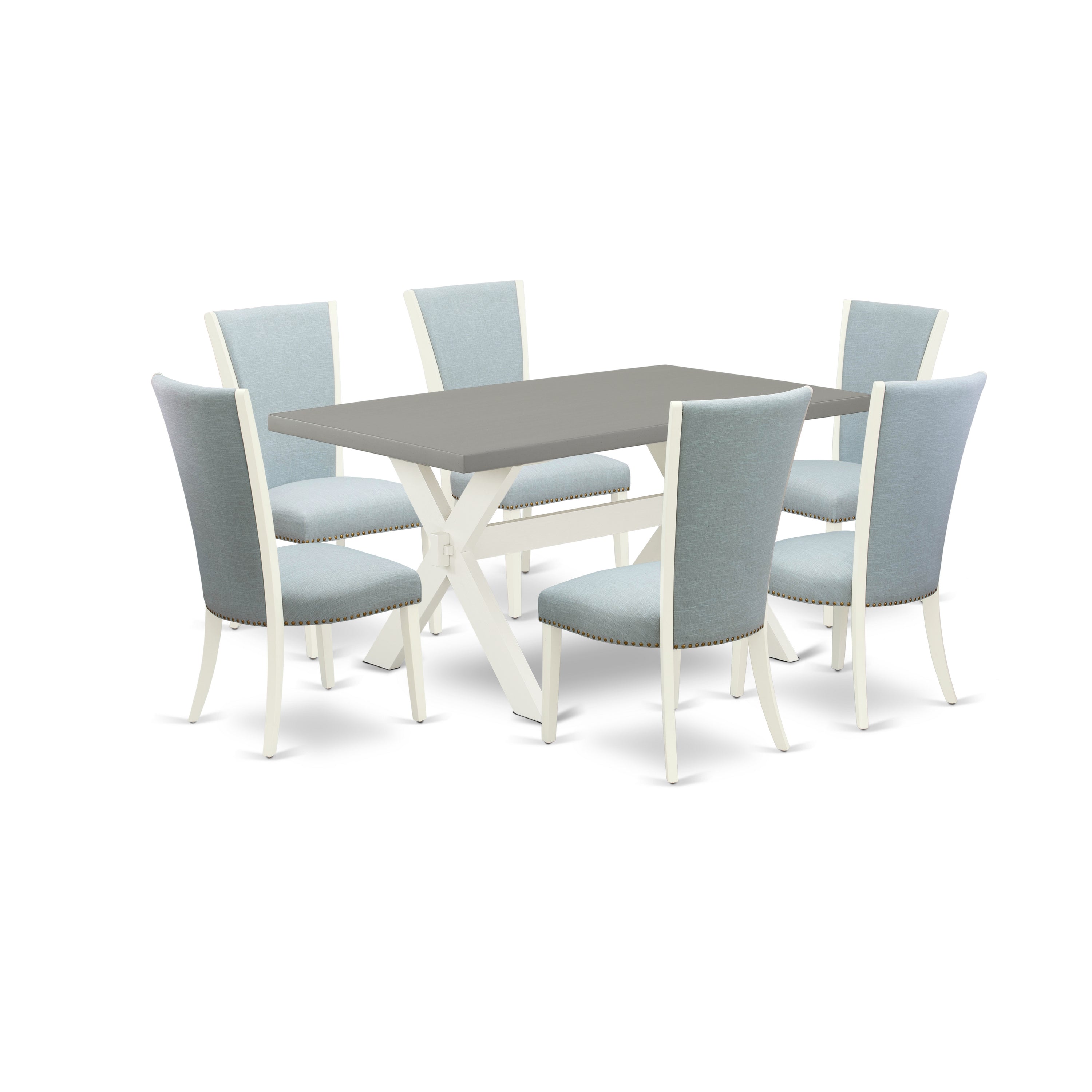 East West Furniture X096VE215-7 7 Piece Dining Room Table Set - 6 Baby Blue Linen Fabric Parson Dining Chairs with Nailheads and Cement Mid Century Dining Table - linen white Finish