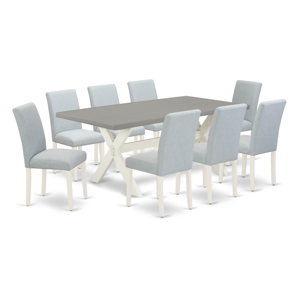 East West Furniture X097AB015-9 9 Piece Dining Room Set Includes a Rectangle Kitchen Table with X-Legs and 8 Baby Blue Linen Fabric Upholstered Parson Chairs