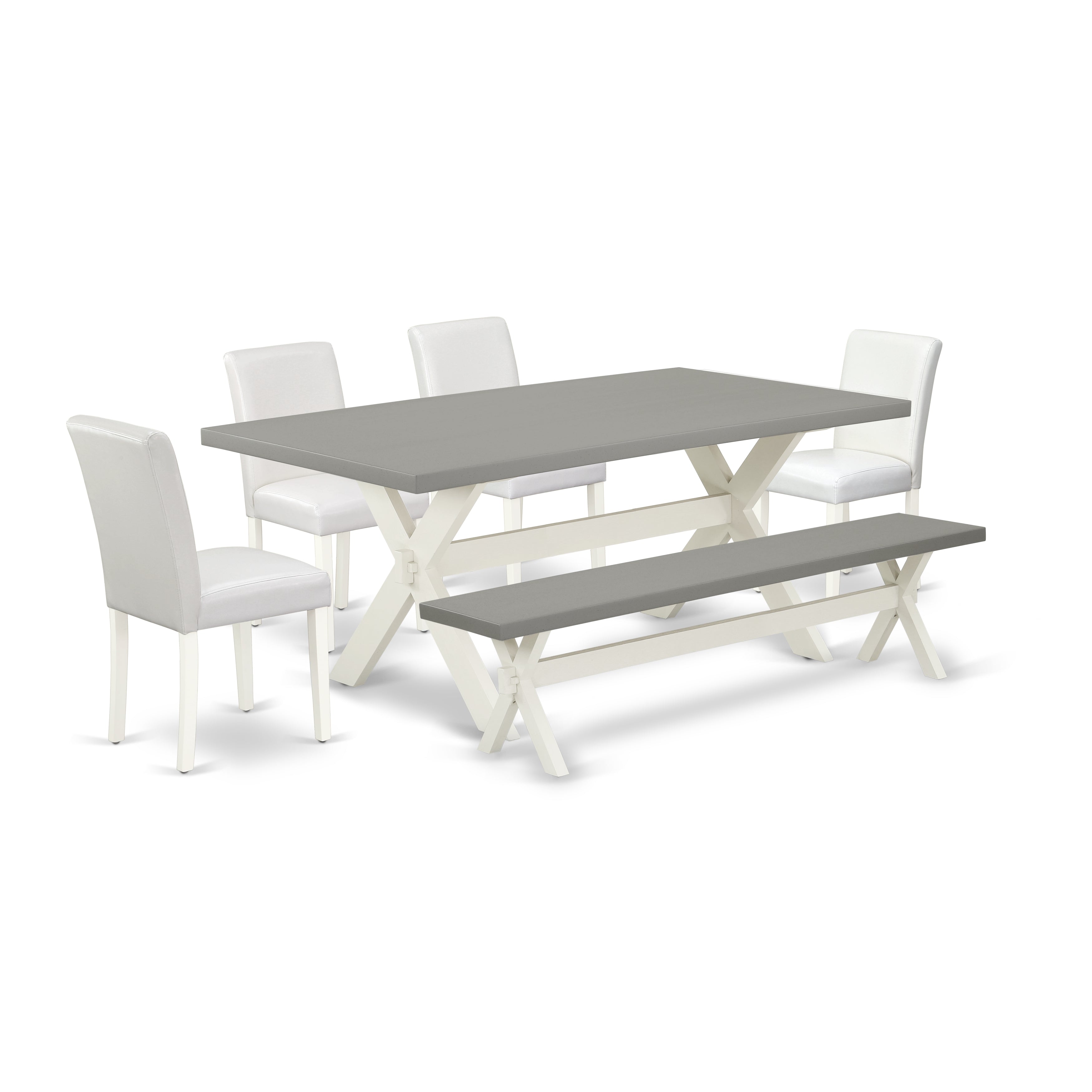 East West Furniture X097AB264-6 6-Piece Dining Table Set with Dining Table and Wooden Bench - 4 PU faux Leather Padded Parson Chairs (linen white Finish)