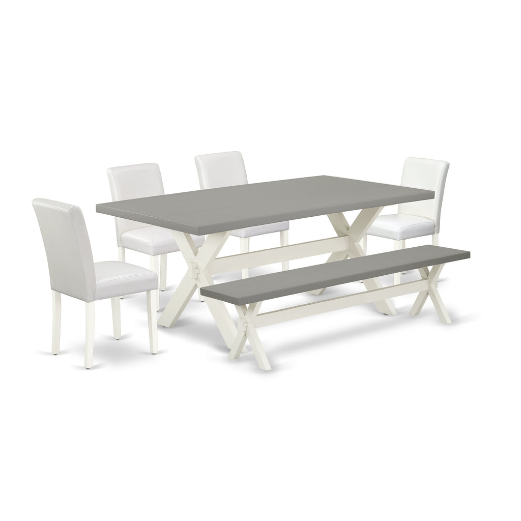 East West Furniture X097AB264-6 6 Piece Modern Dining Table Set Contains a Rectangle Wooden Table with X-Legs and 4 White Faux Leather Parson Chairs with a Bench, 40x72 Inch, Multi-Color