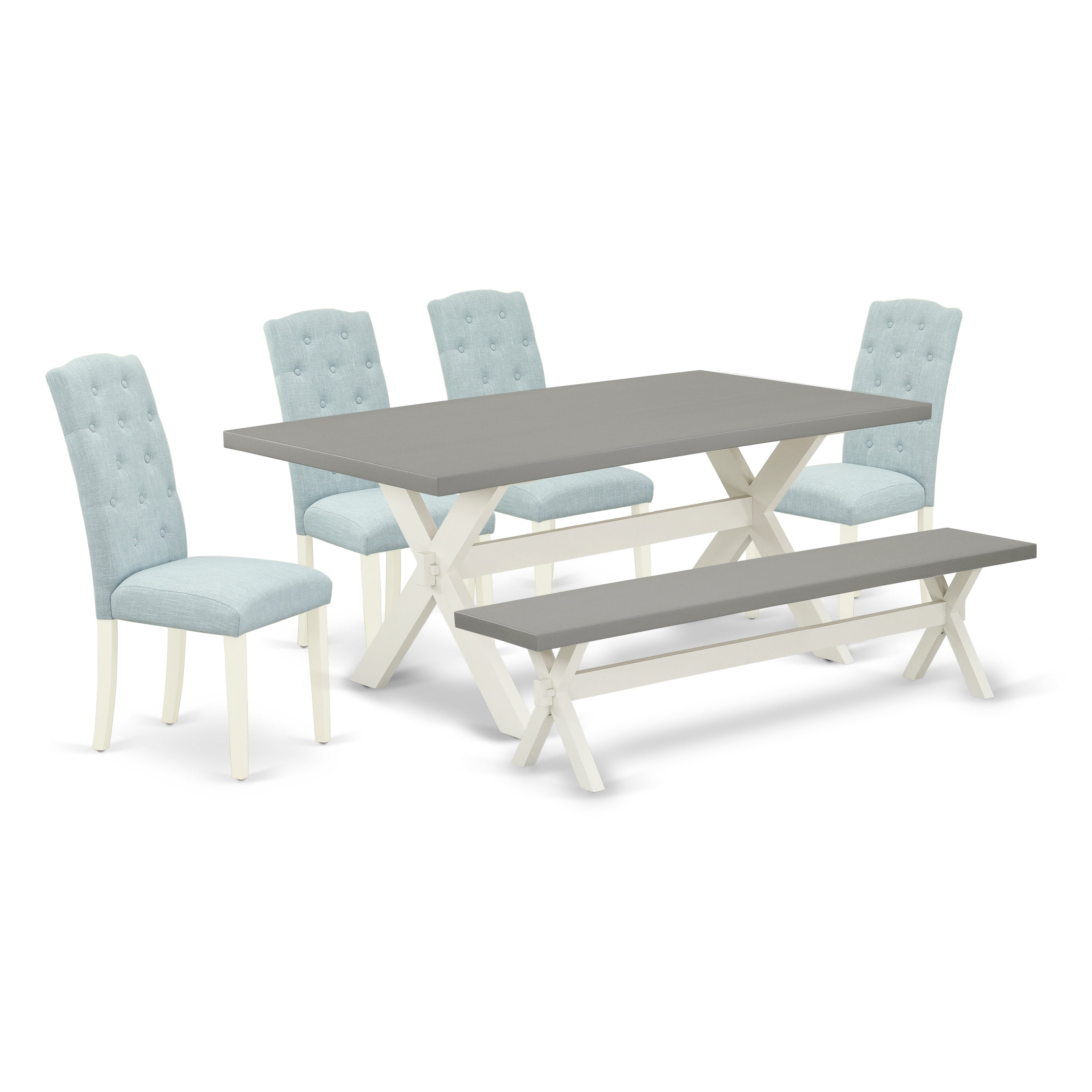 East West Furniture X097CE215-6 6-Piece Dining Table Set- 4 Parson Dining Chairs with Baby Blue Linen Fabric Seat and Button Tufted Chair Back - Rectangular top & Wooden Cross Legs Dining table and dining bench - Cement and linen white Finish