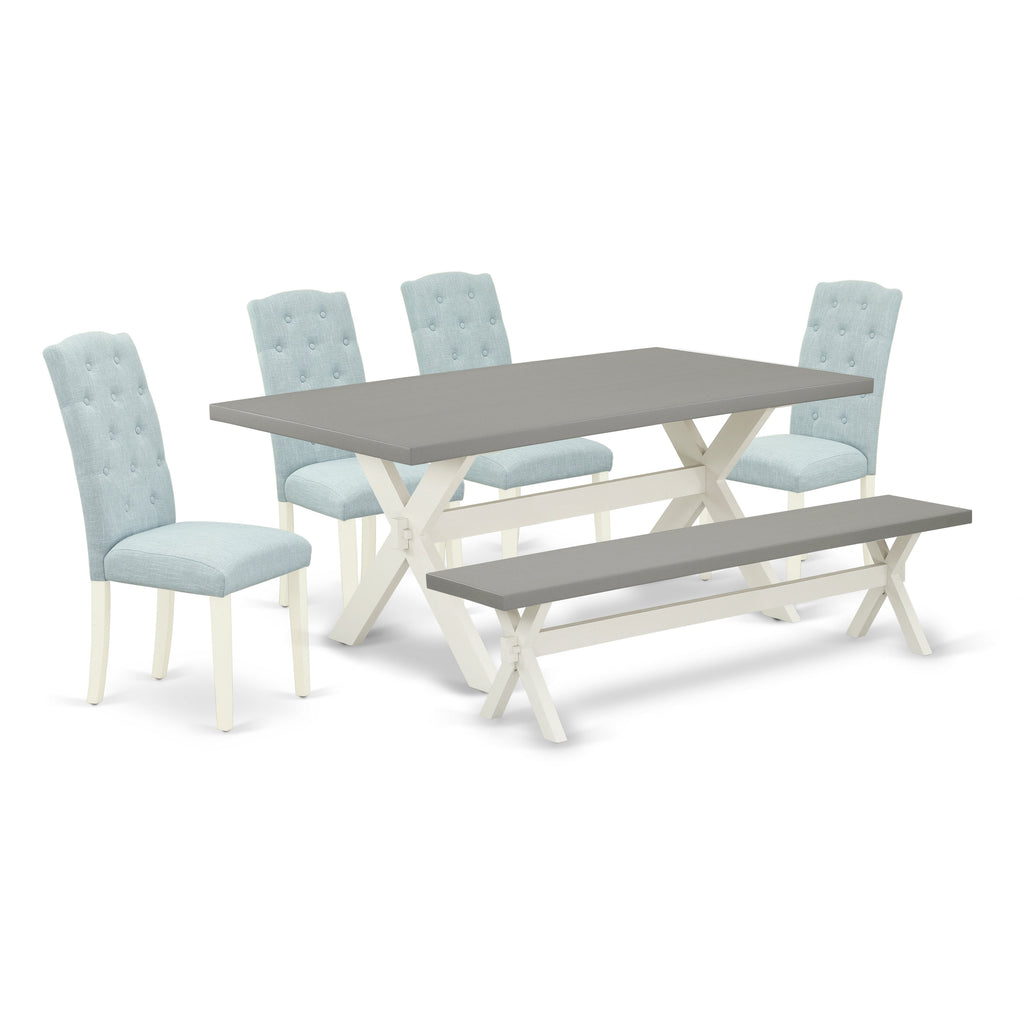 East West Furniture X097CE215-6 6 Piece Dining Room Table Set Contains a Rectangle Kitchen Table with X-Legs and 4 Baby Blue Linen Fabric Parson Chairs with a Bench