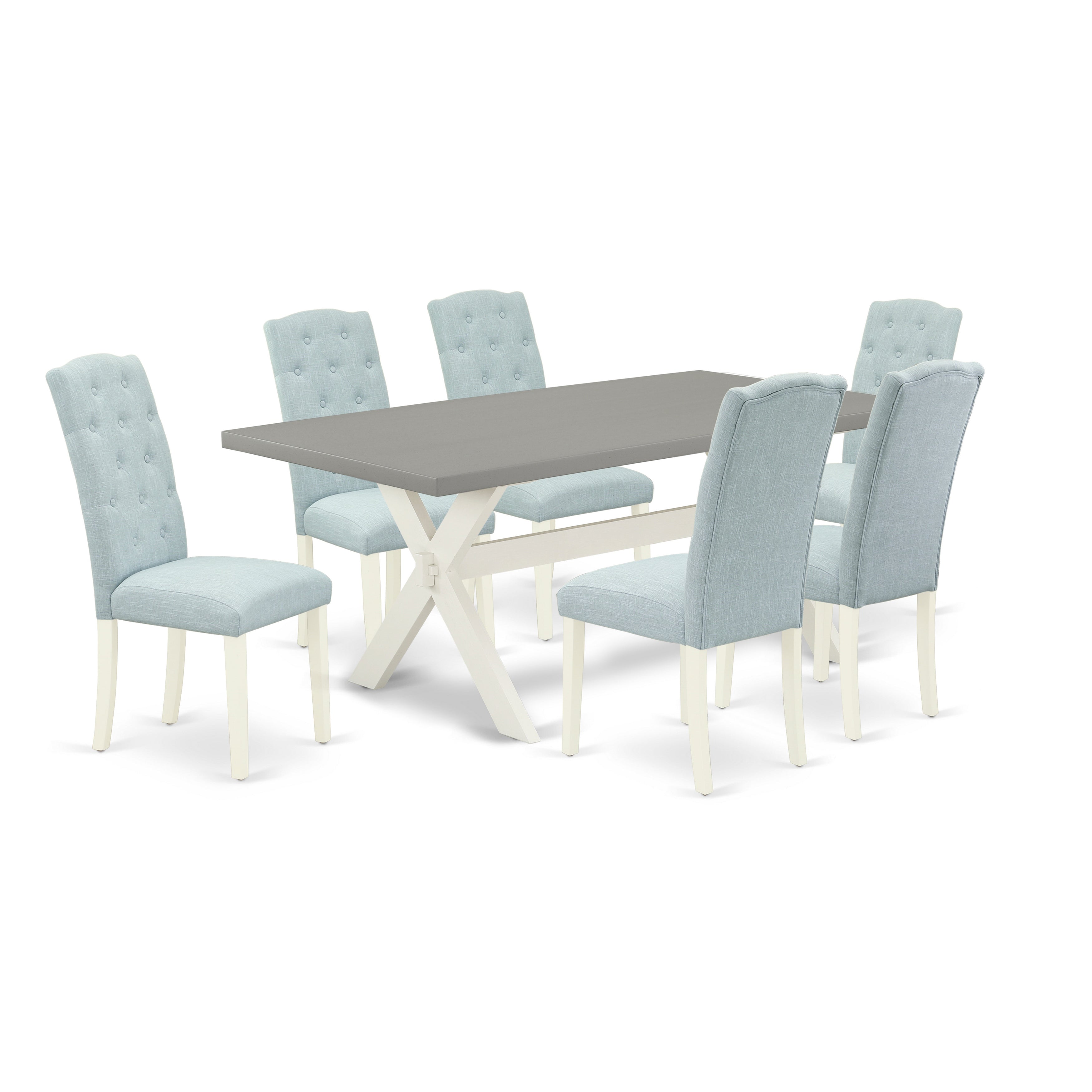 East West Furniture X097CE215-7 7-Piece Kitchen Dining Room Set- 6 Parson Chairs with Baby Blue Linen Fabric Seat and Button Tufted Chair Back - Rectangular Table top & Wooden Cross Legs - Cement and linen white Finish