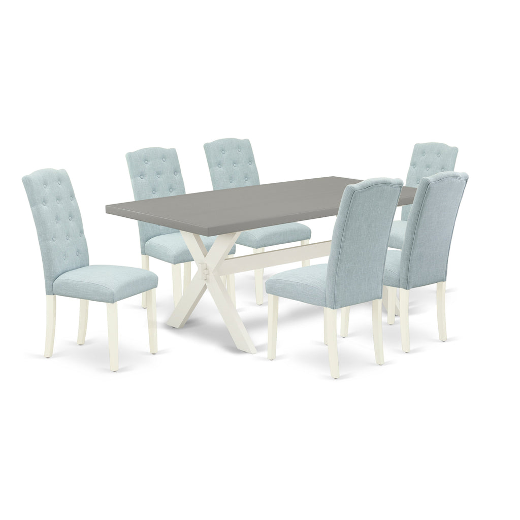 East West Furniture X097CE215-7 7 Piece Dining Table Set Consist of a Rectangle Dining Room Table with X-Legs and 6 Baby Blue Linen Fabric Parsons Chairs, 40x72 Inch, Multi-Color