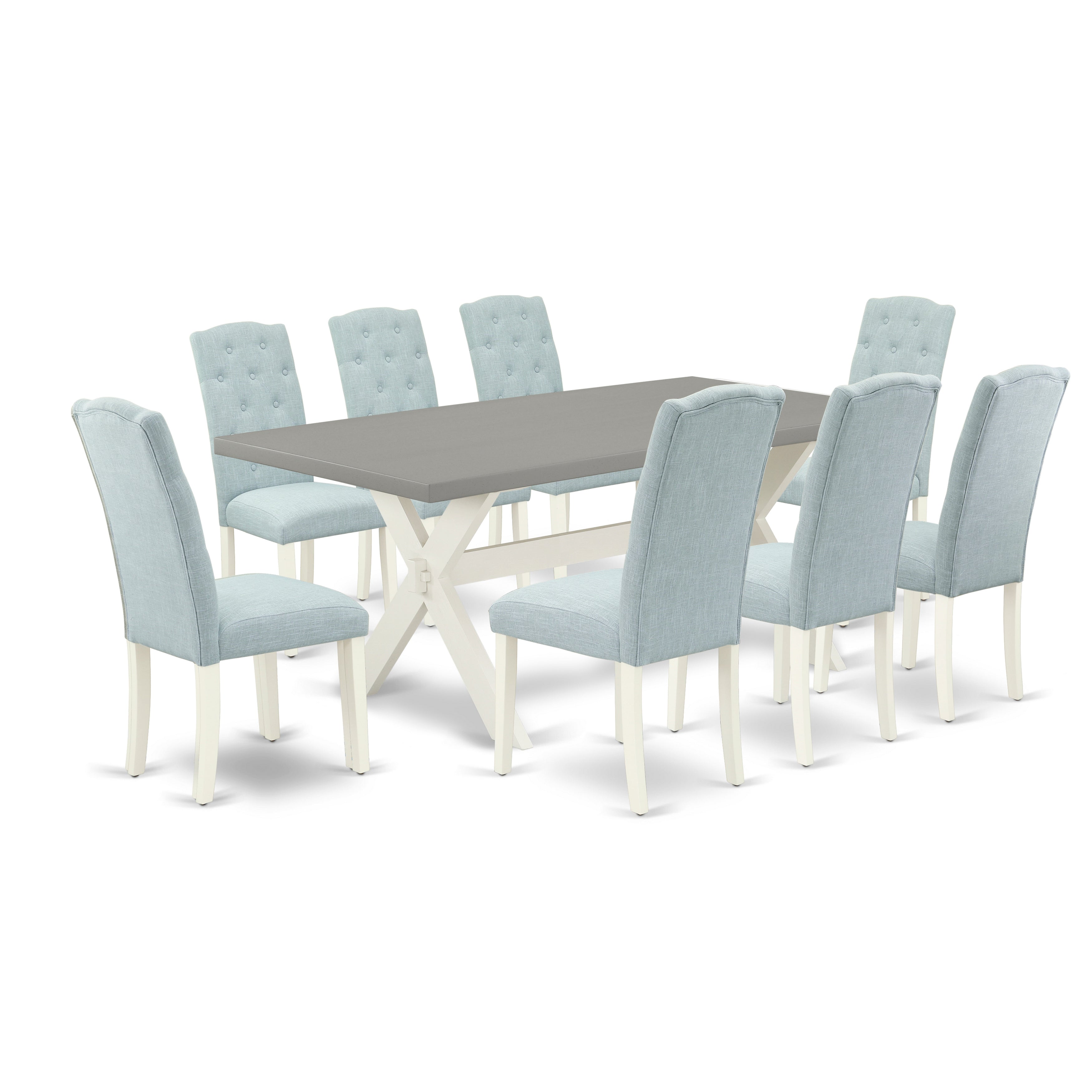 East West Furniture X097CE215-9 9-Piece Dinette Set- 8 Parson Dining Chairs with Baby Blue Linen Fabric Seat and Button Tufted Chair Back - Rectangular Table top & Wooden Cross Legs - Cement and linen white Finish