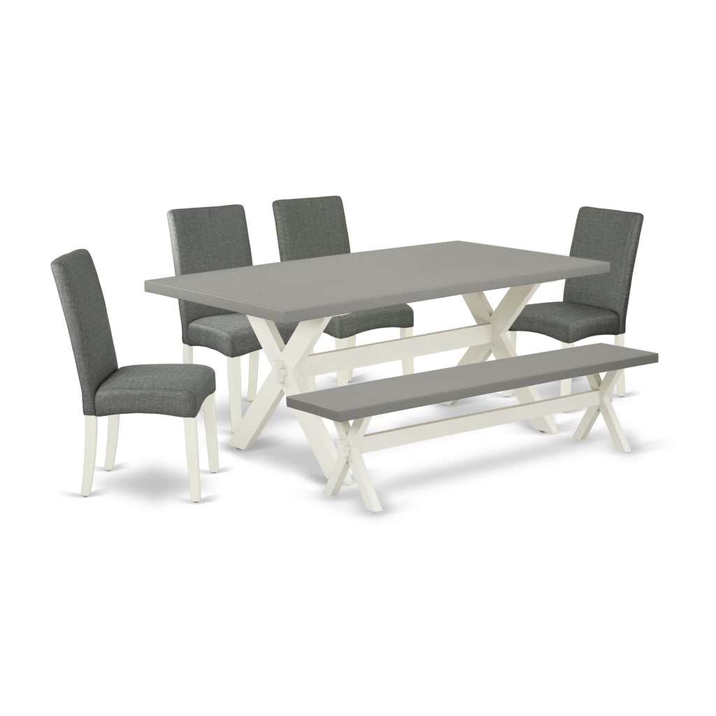 East West Furniture X097DR207-6 6 Piece Kitchen Table Set Contains a Rectangle Dining Table with X-Legs and 4 Gray Linen Fabric Parson Chairs with a Bench
